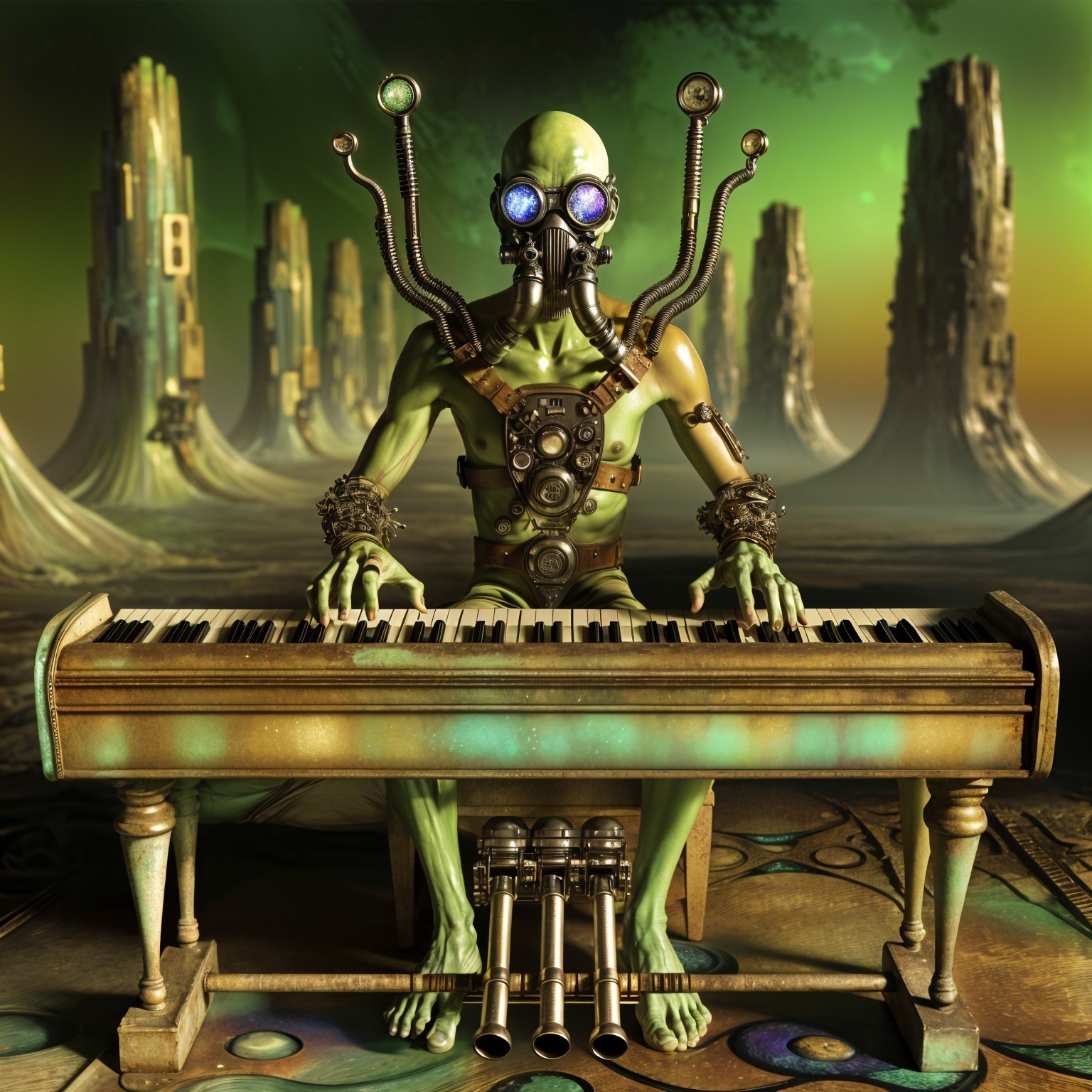 Futuristic Alien Figure at Vintage Piano in Surreal Setting