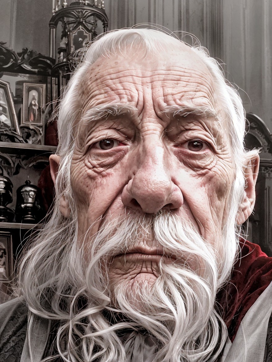 Elderly man with white beard and lined skin portrait