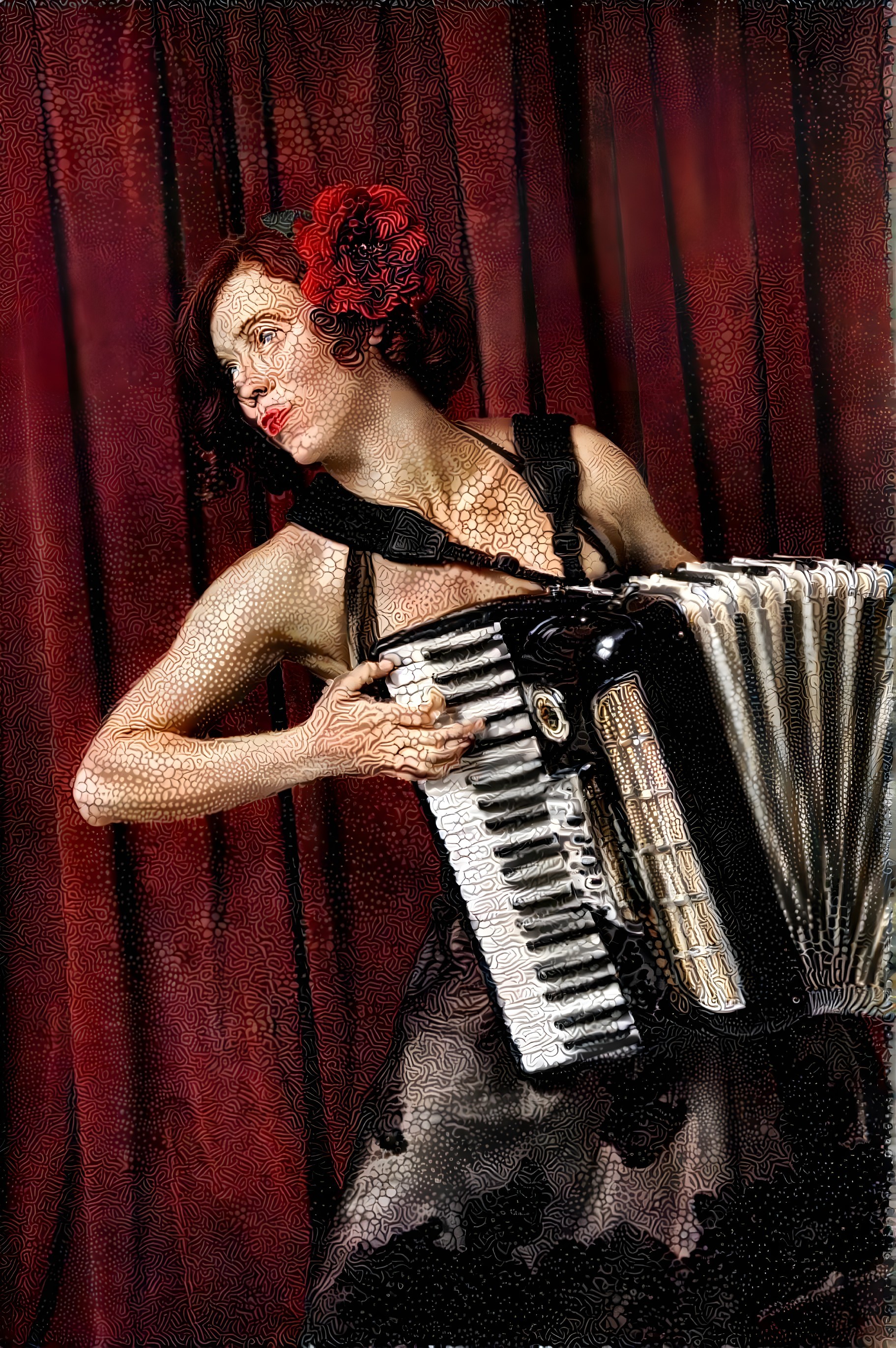 Woman Playing Accordion with Red Floral Hair Accessory