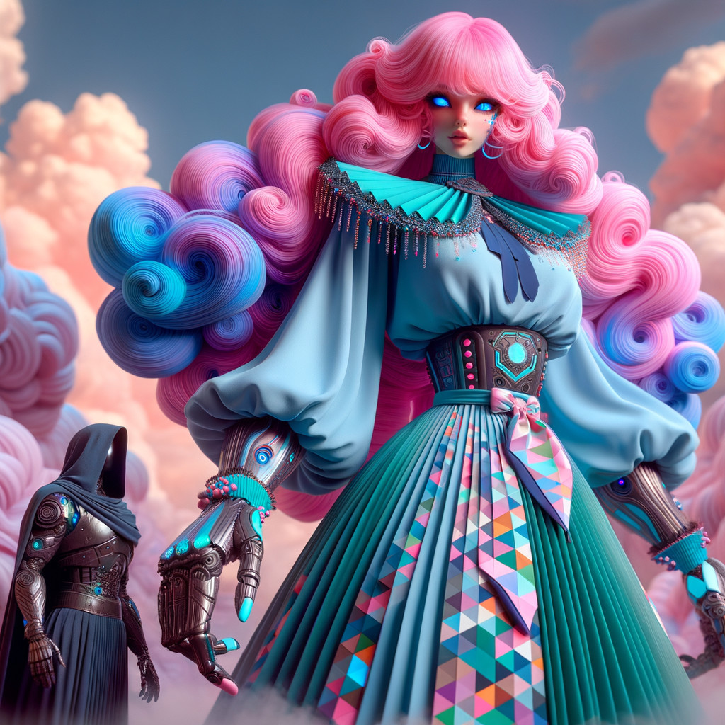 Vibrant Figure with Futuristic Fashion in Clouds