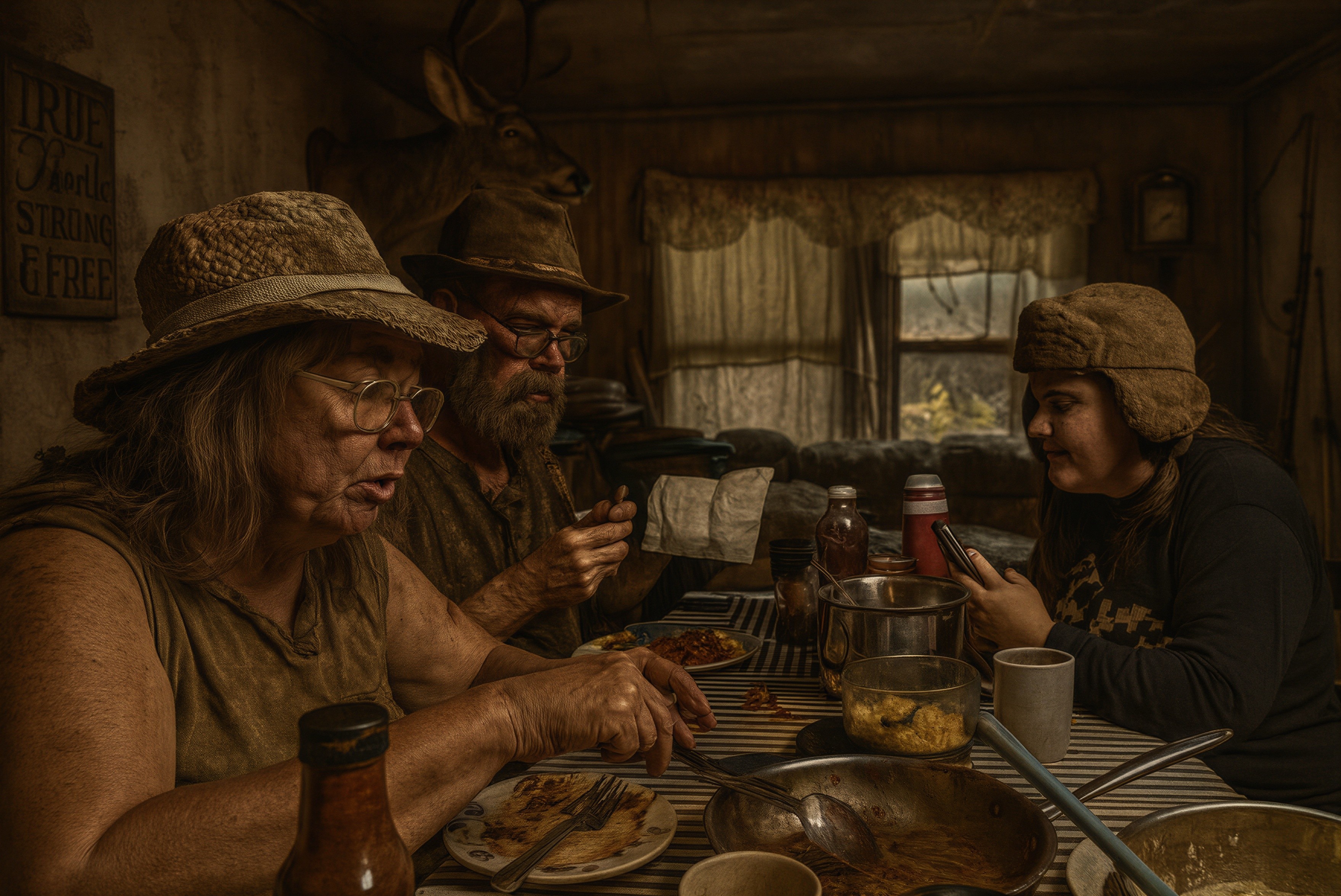 Rustic Room with Three Individuals Sharing a Meal