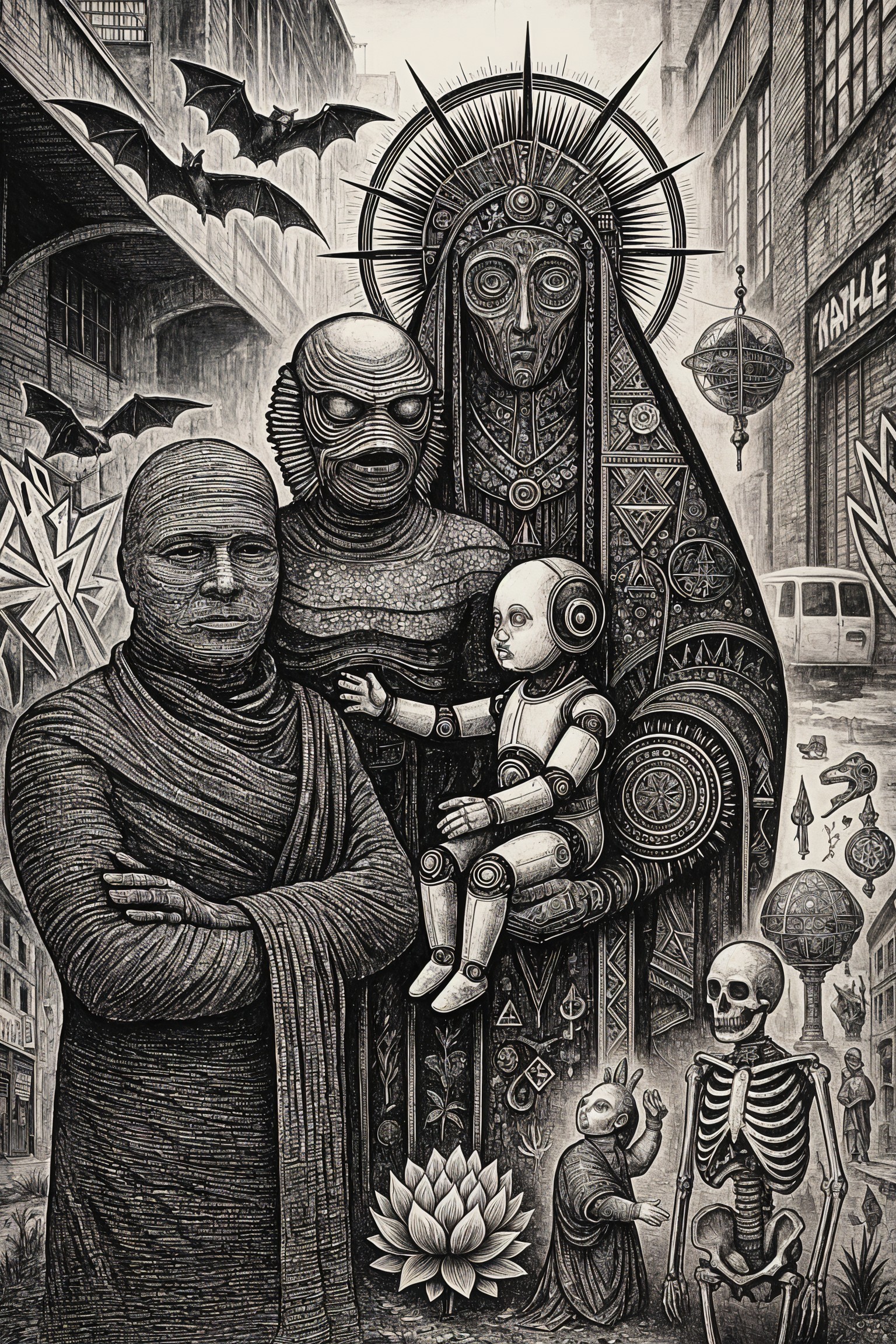 Surreal Monochromatic Scene of Mythology and Sci-Fi