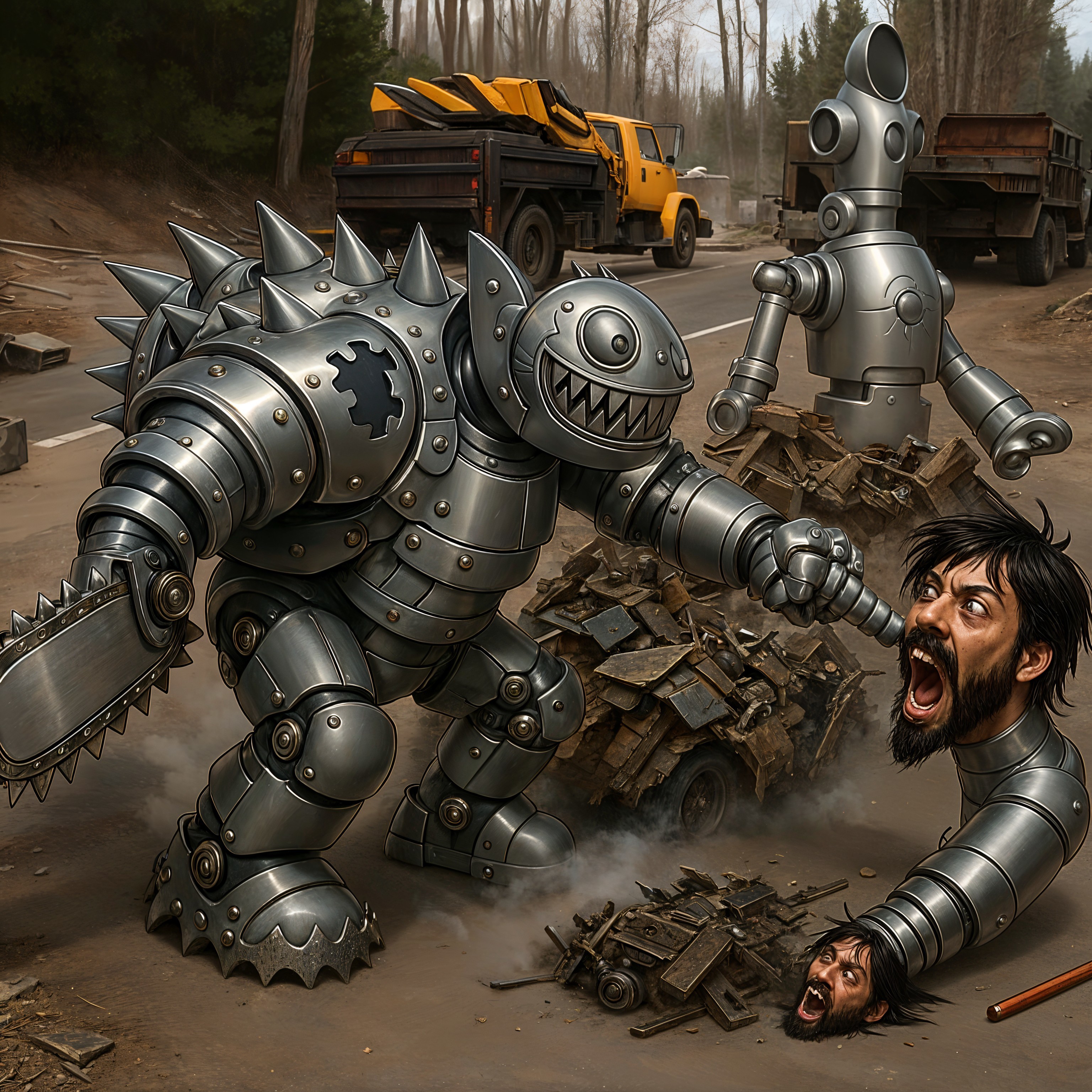 Surreal Scene of Robots and Detached Human Head