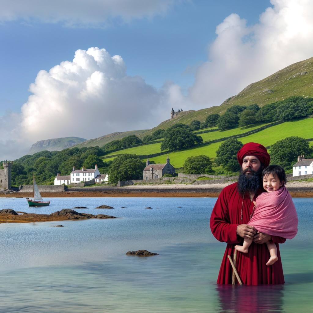 Coastal Scene with Man, Child, and Scenic Landscape