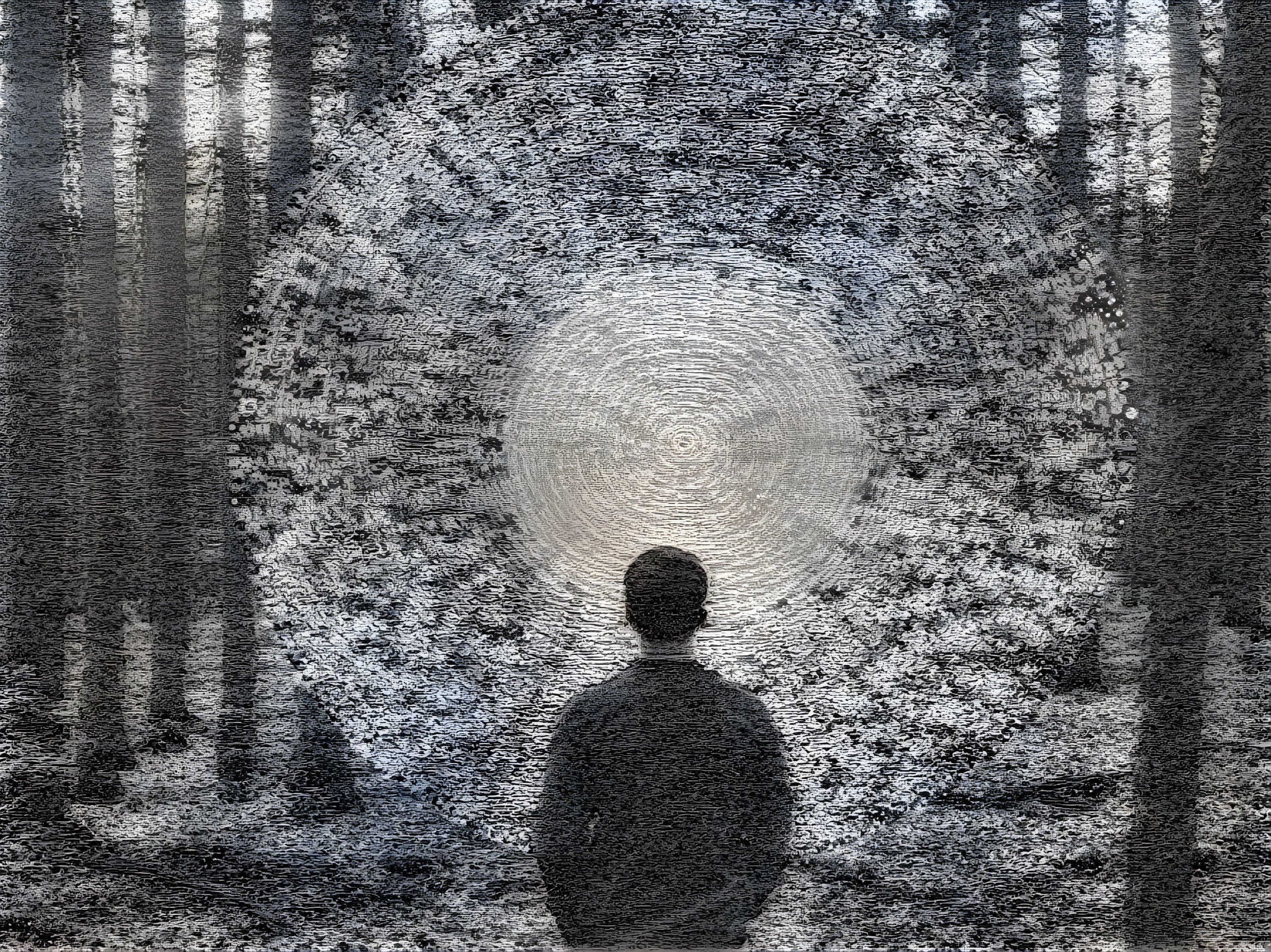 Figure in Forest Facing Circular Light Portal