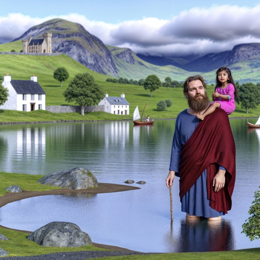 Man in Robe with Girl in Serene Landscape by Water