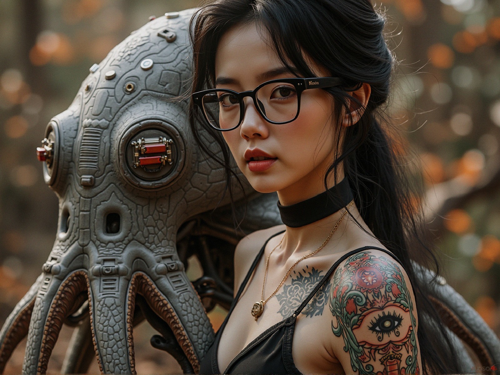 Surreal Forest Scene with Woman and Tentacled Creature