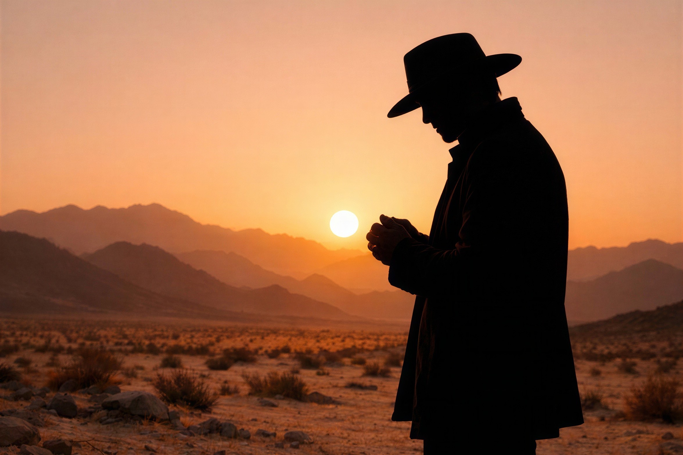 Silhouetted Man in Cowboy Hat in Desert Landscape