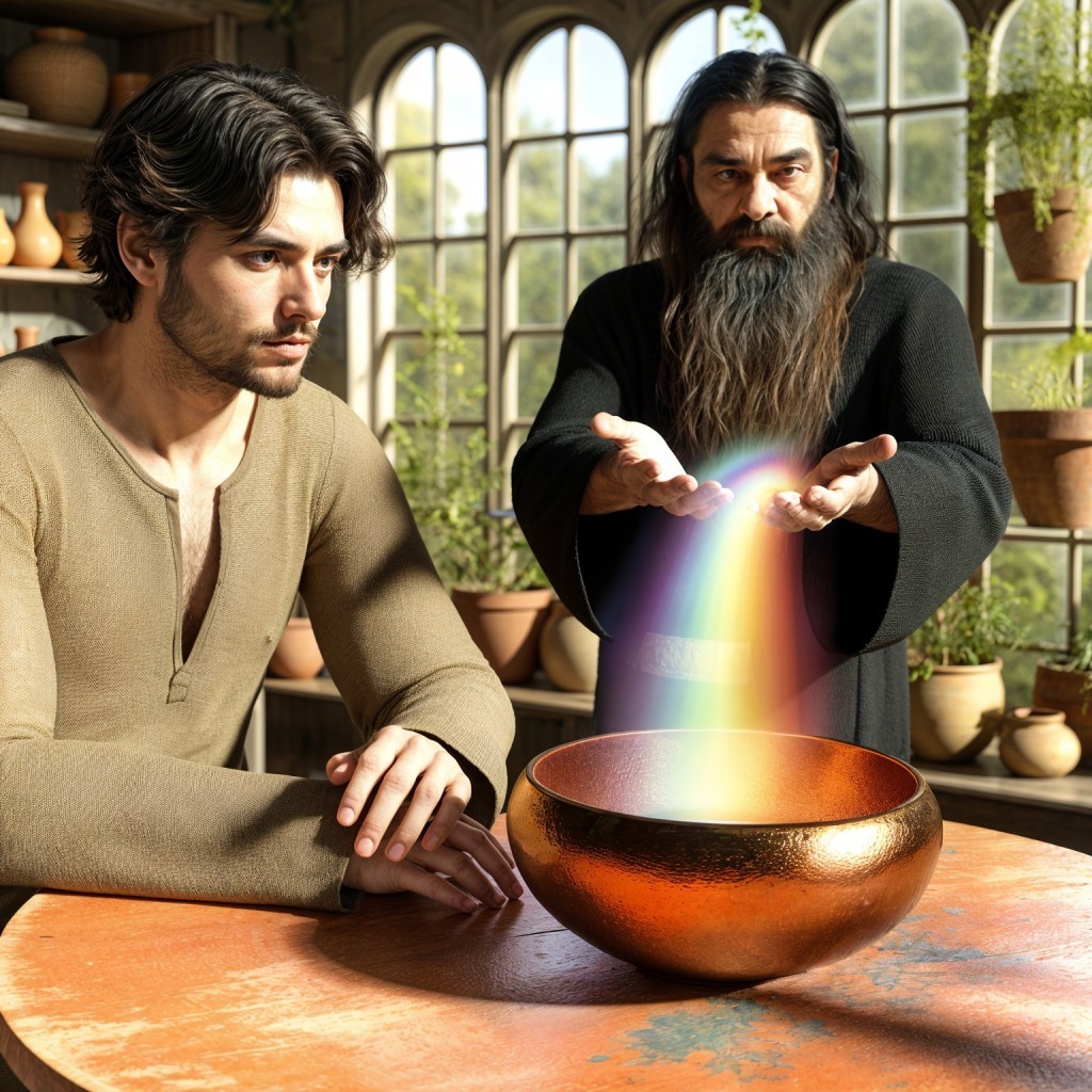Wizard Conjures Rainbow in Sunlit Room with Plants