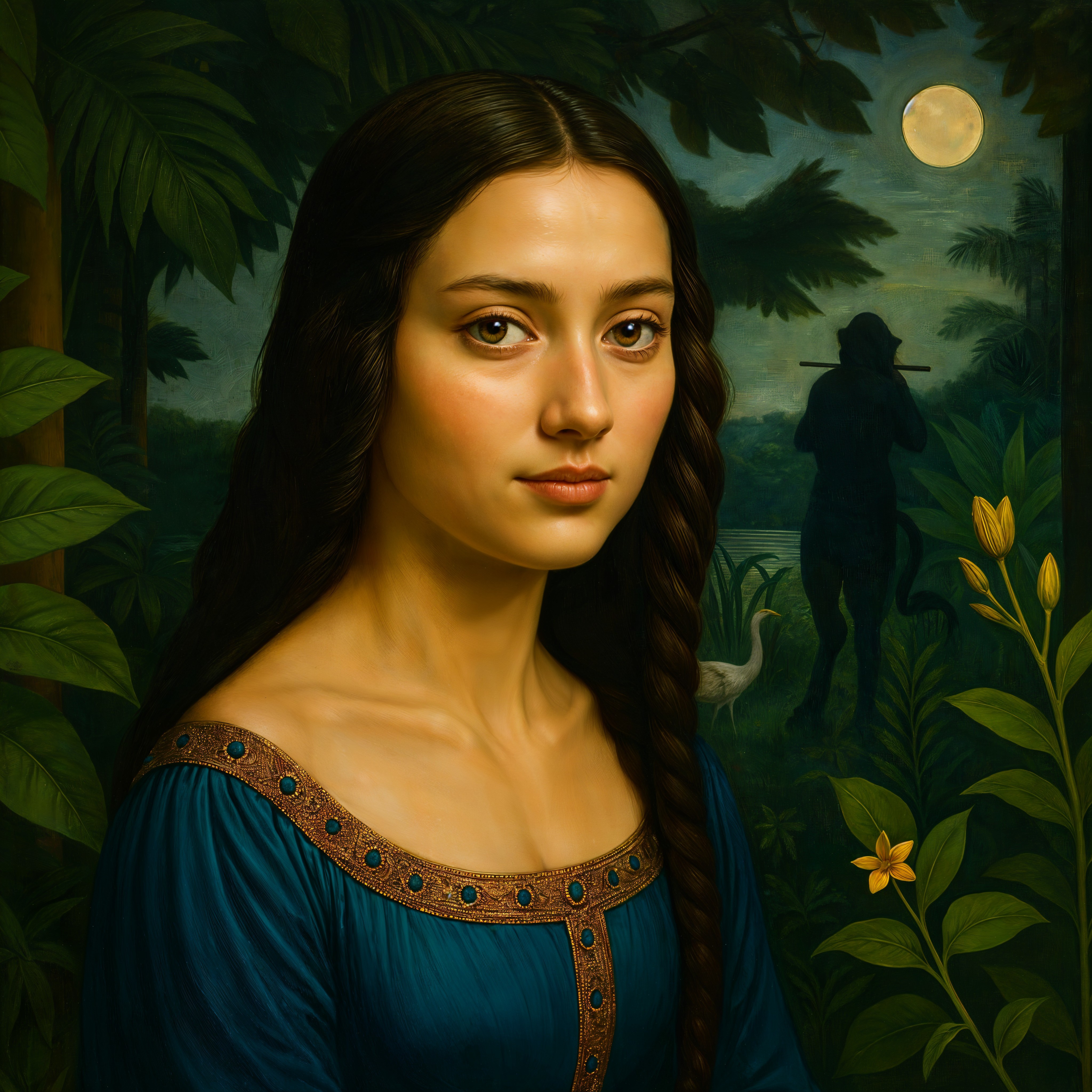 Young Woman in Blue Dress Surrounded by Nature