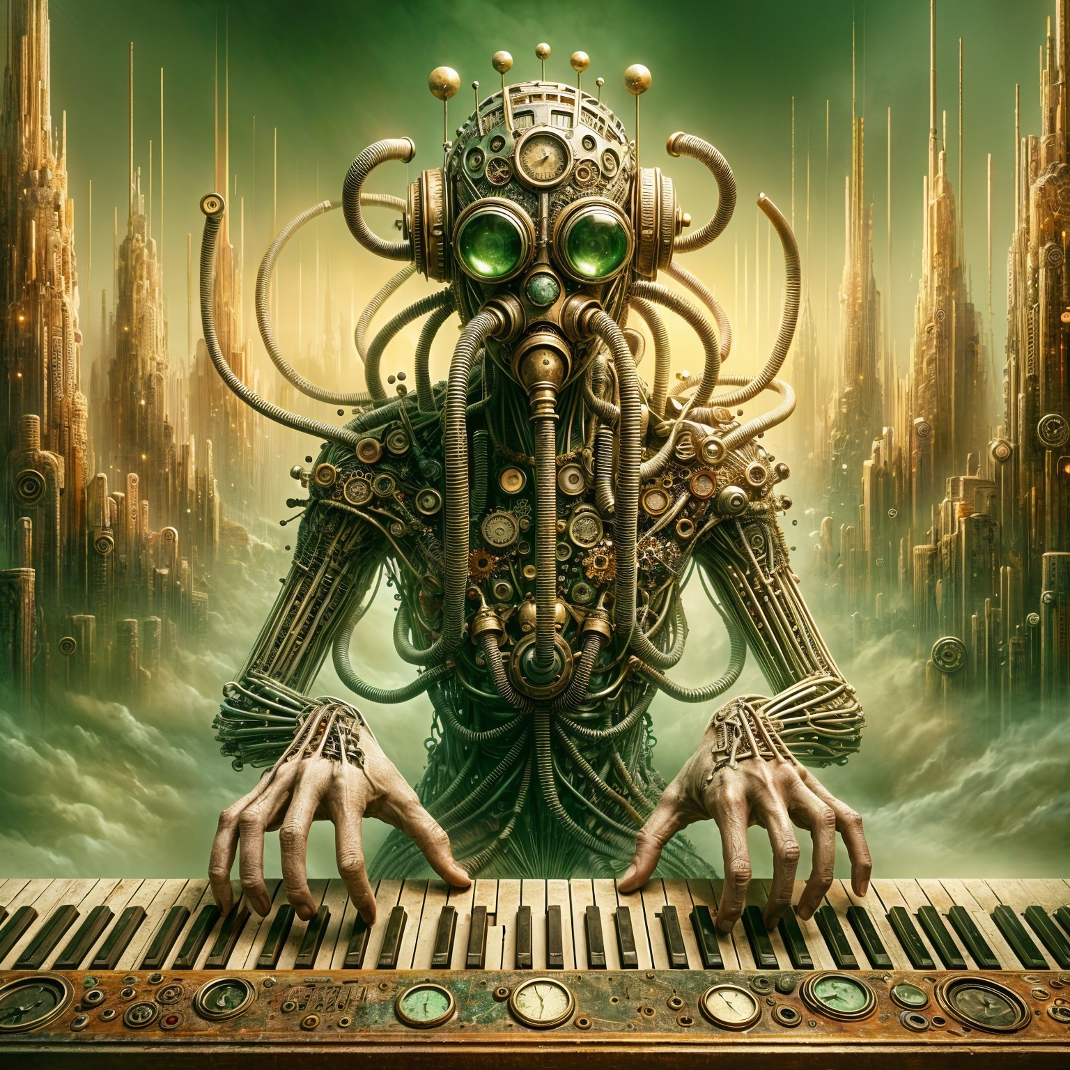 Steampunk Figure with Gas Masks in Ethereal Landscape