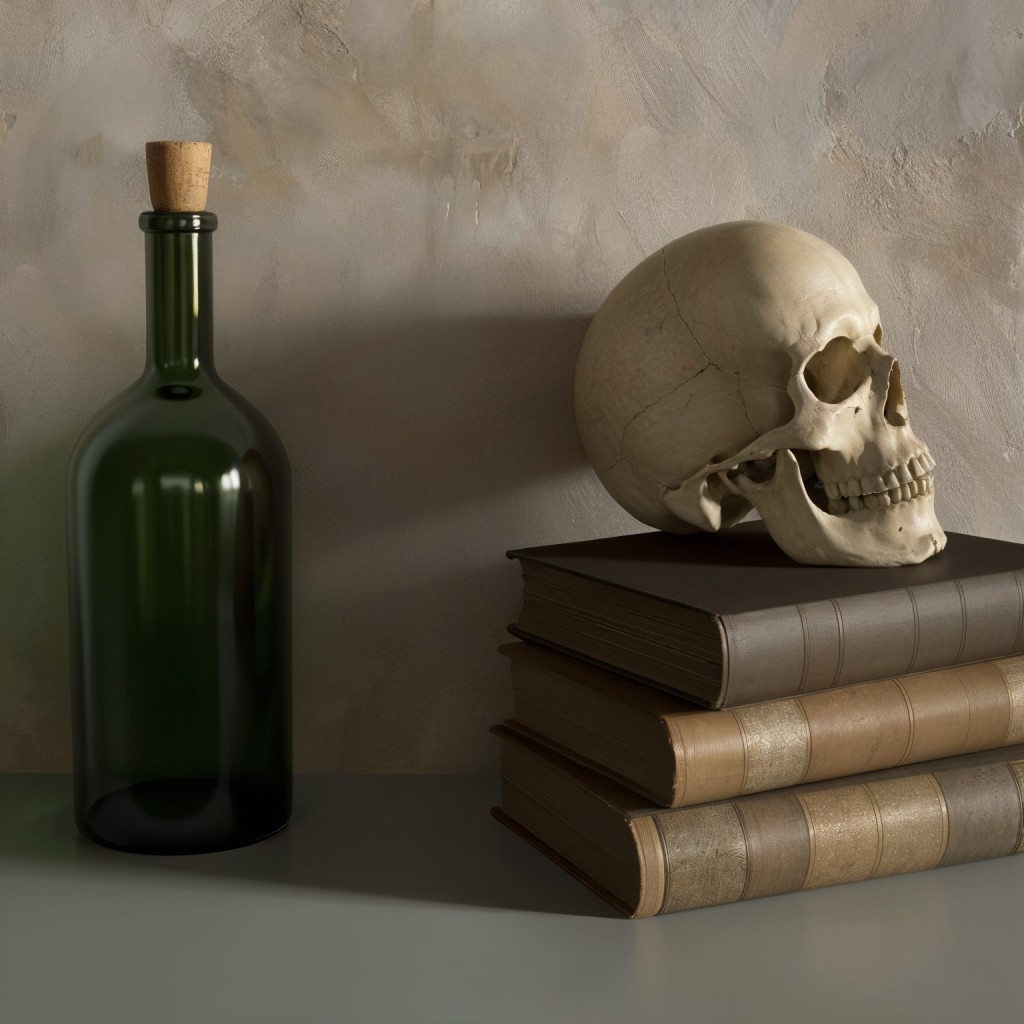 Still Life with Wine Bottle, Books, and Skull