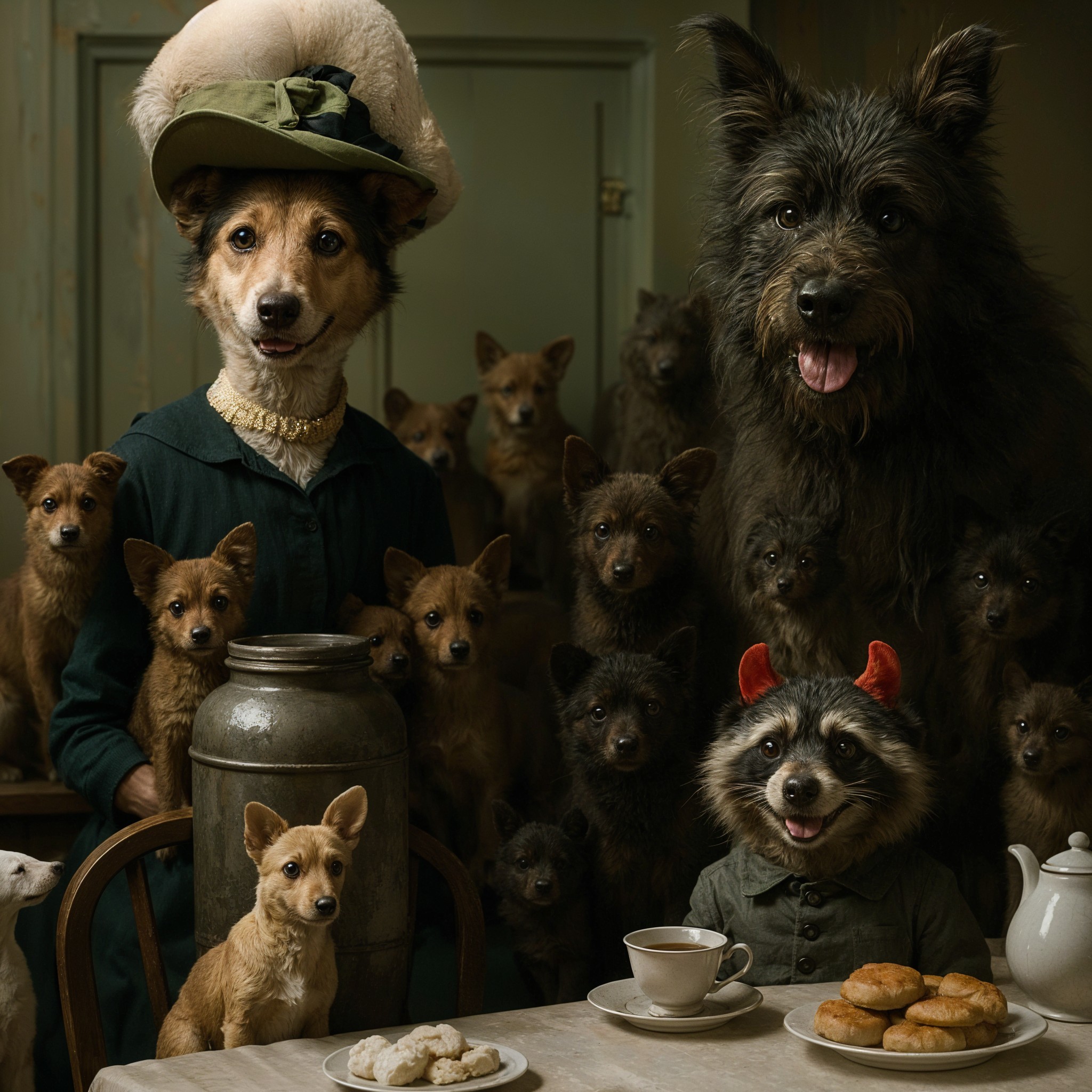 Whimsical Gathering of Woman and Dogs with Tea