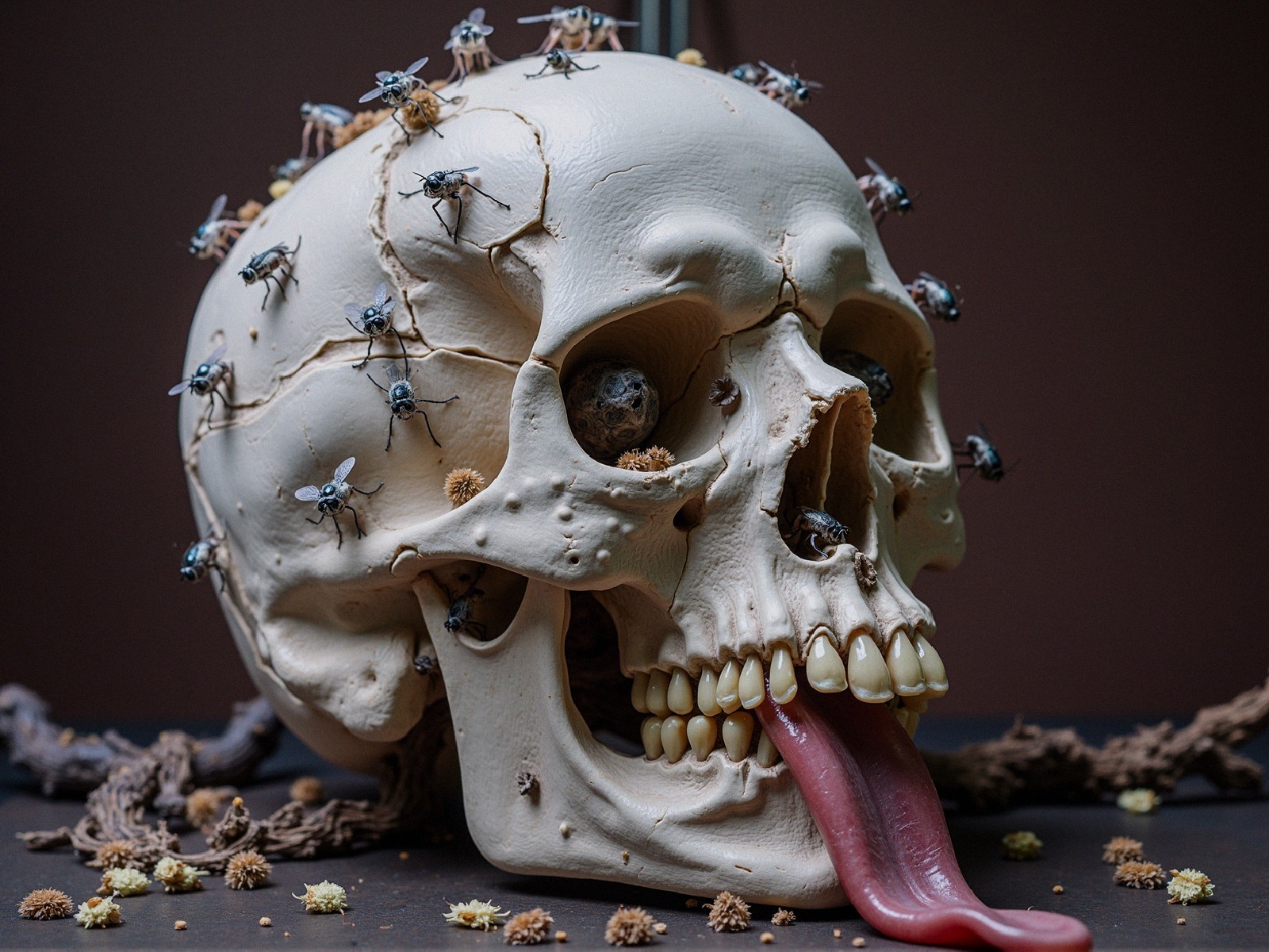Realistic skull with insects on a dark background