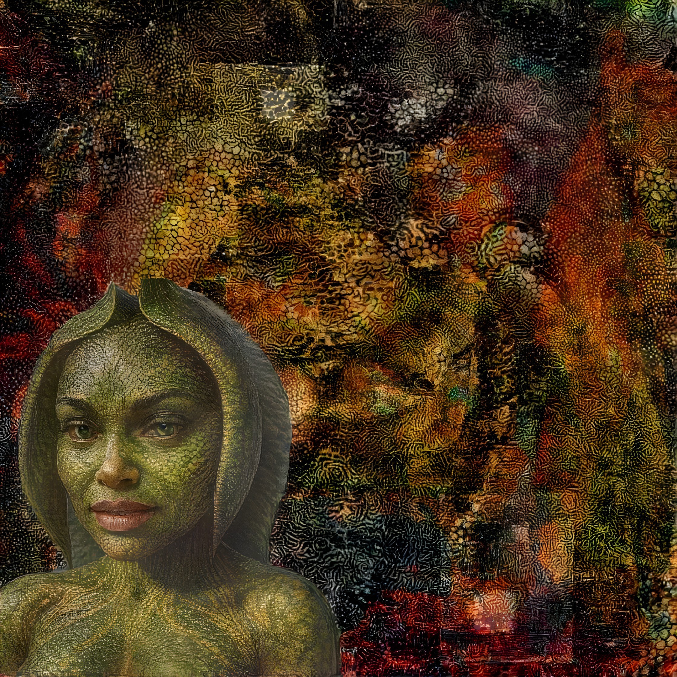 Woman with Green Reptilian Skin and Abstract Background