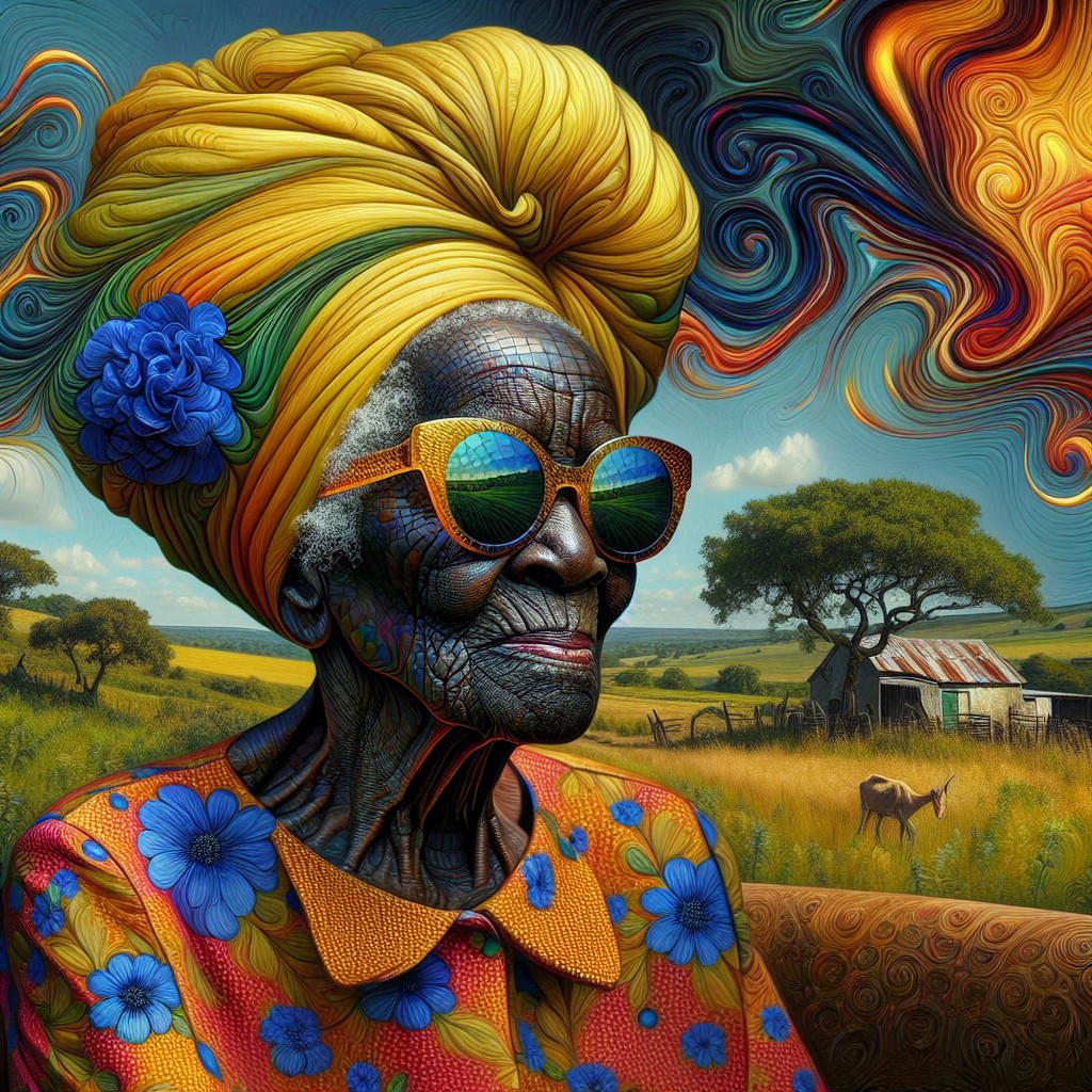 Elderly Woman in Vibrant Attire Against Psychedelic Sky
