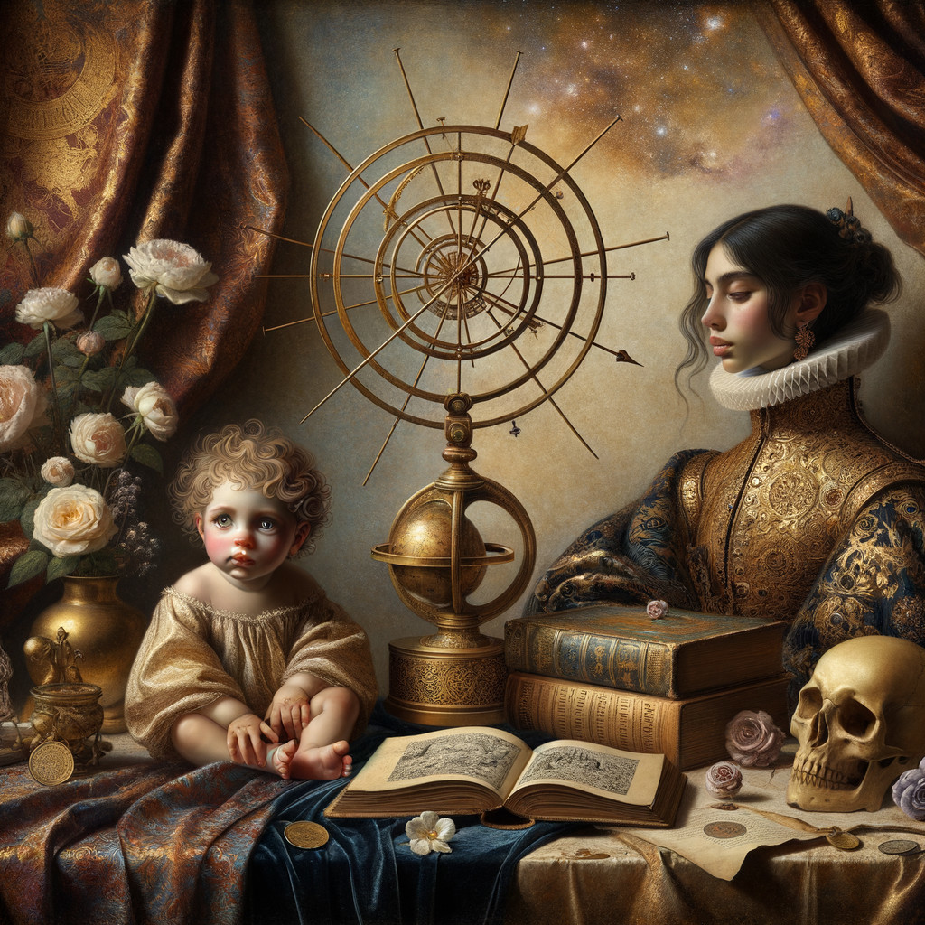 Contemplative Woman in Ornate Gown with Child and Astrolabe
