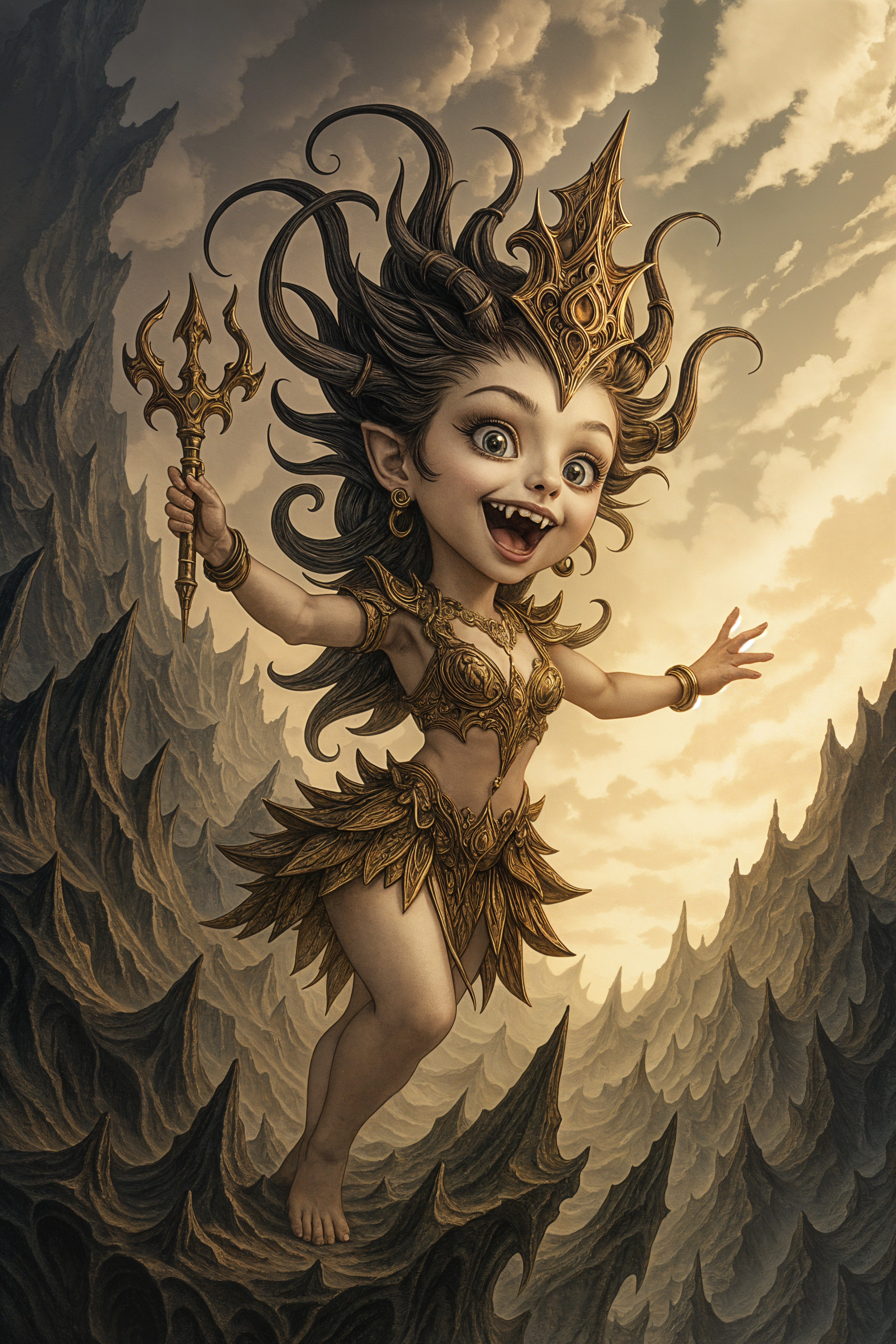 Whimsical Figure in Golden Armor on Rocky Landscape