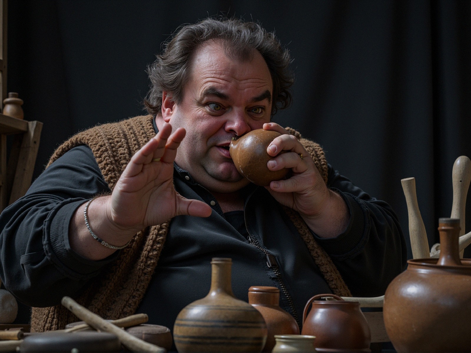 Man Playing Pottery Instrument Among Rustic Artifacts