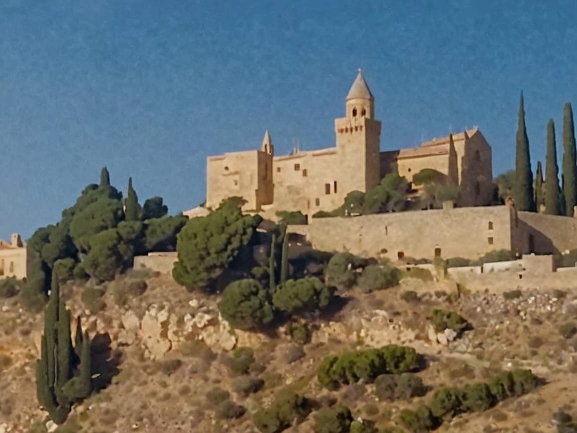 Hilltop Monastery with Cone Steeple and Green Trees
