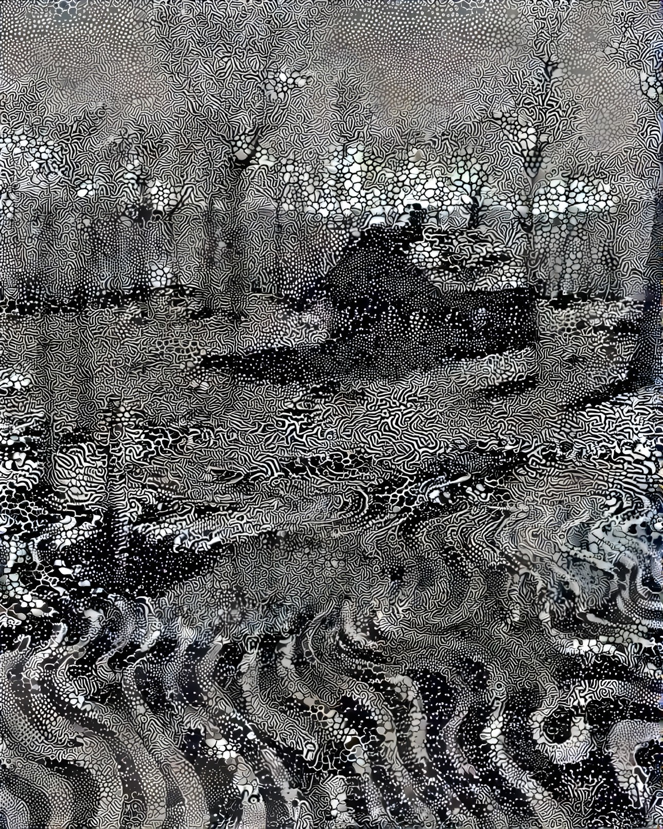 Monochrome Landscape with Cabin and Abstract Trees