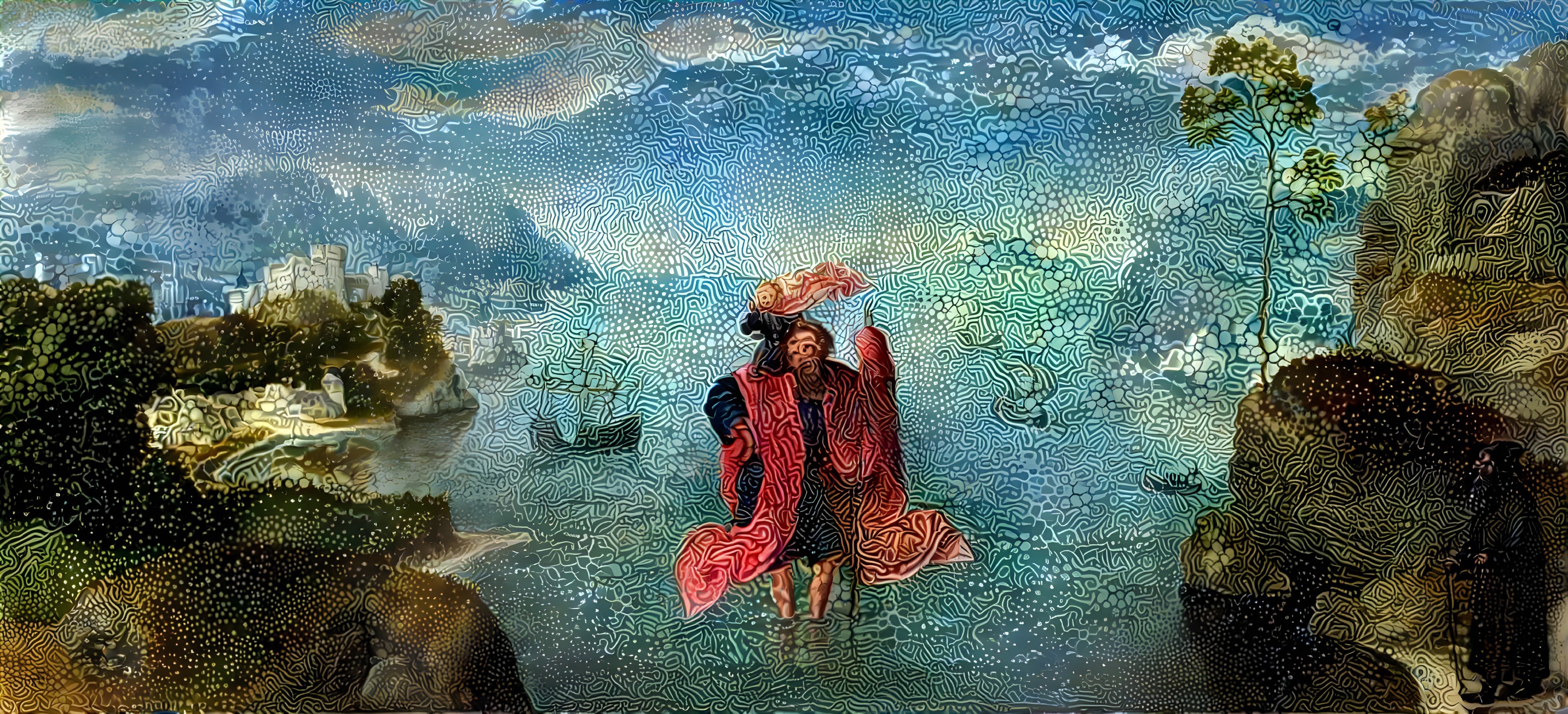 Serene landscape with figure in red by water and cliffs