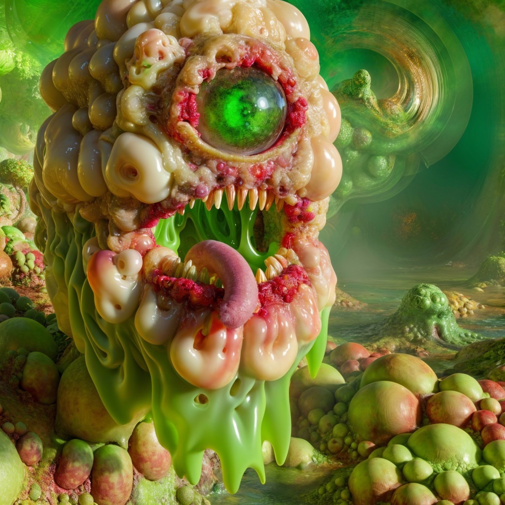 Surreal Grotesque Creature in Vibrant Organic Landscape