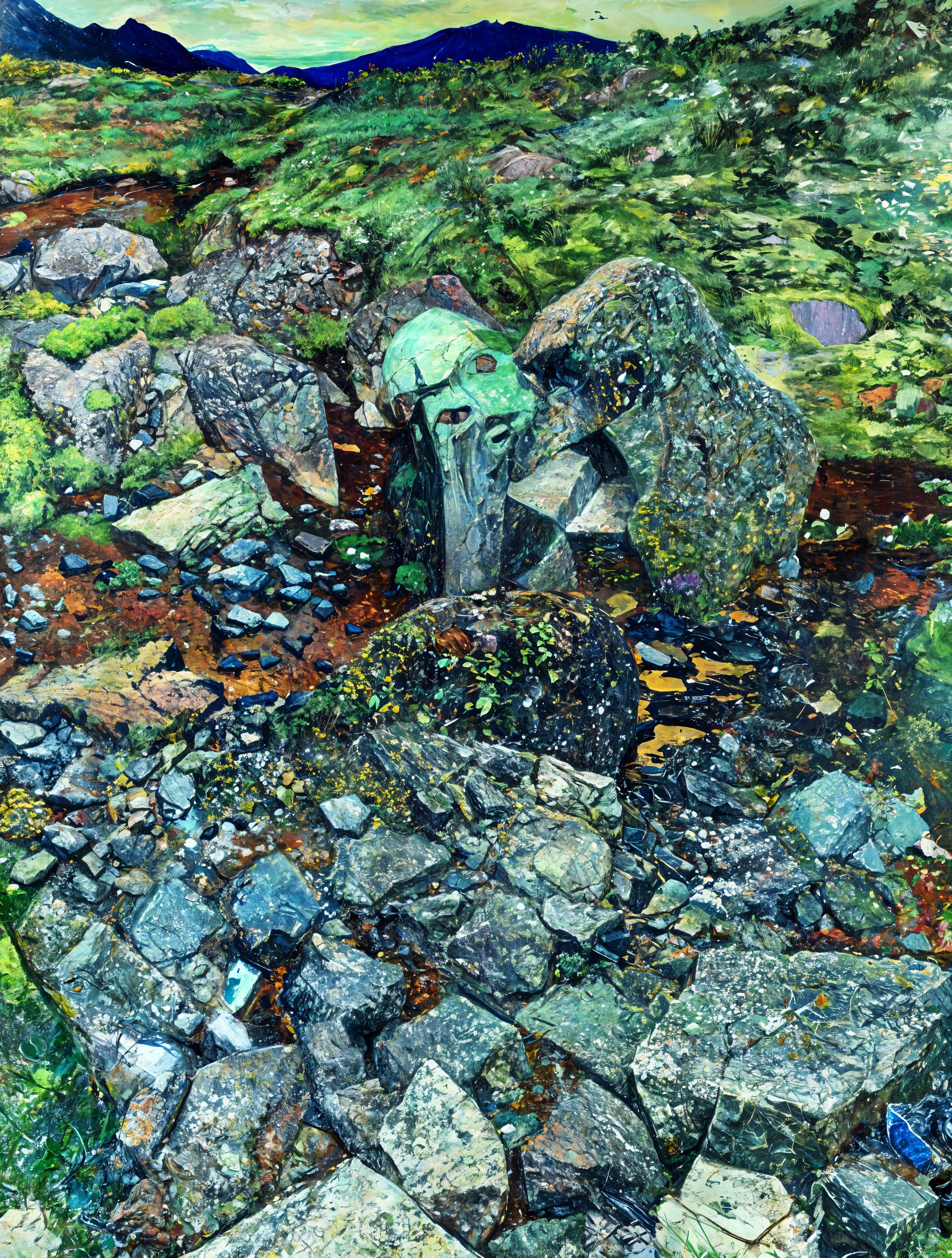 Rugged Landscape with Textured Rocks and Greenery