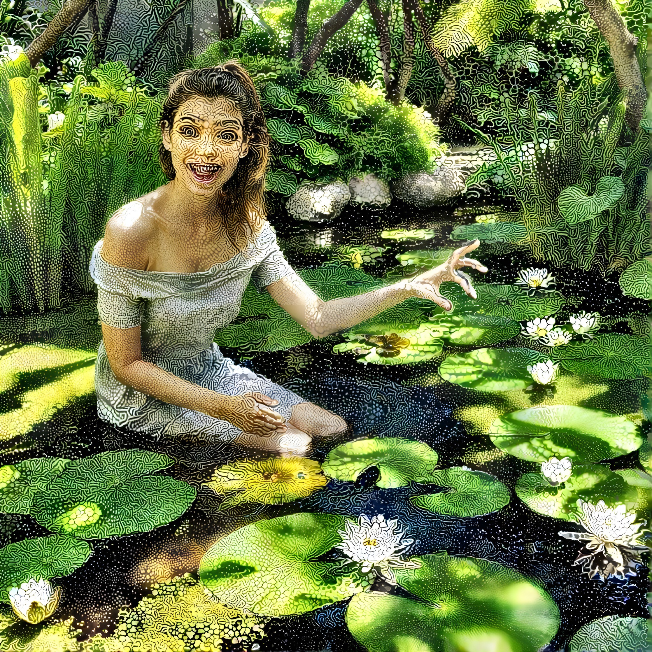Young Woman in Tranquil Pond with Water Lilies