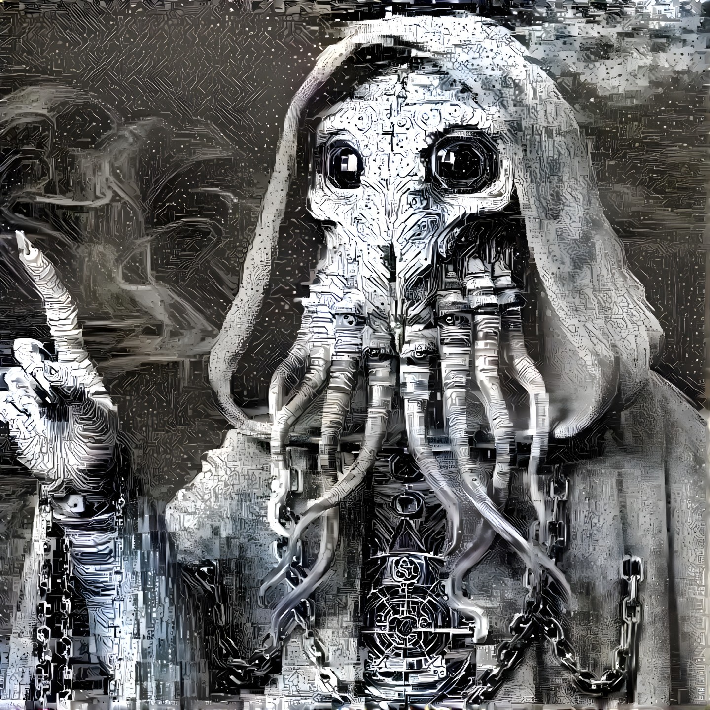 Mysterious cloaked figure with cephalopod features