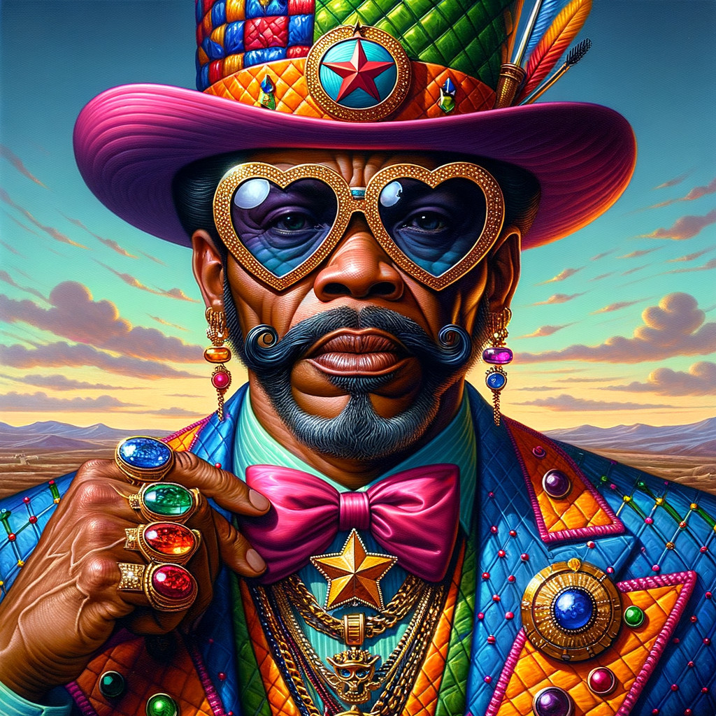 Flamboyant Figure in Vibrant Suit with Decorative Hat
