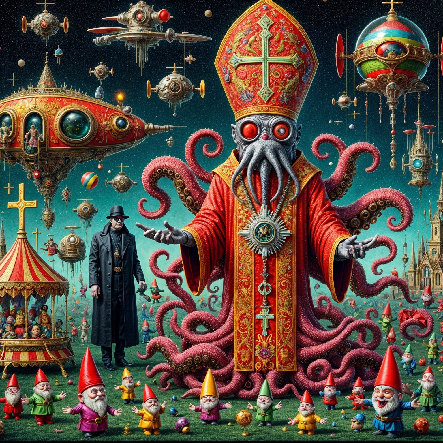 Surreal Landscape with Colossal Octopus Figure and Gnomes