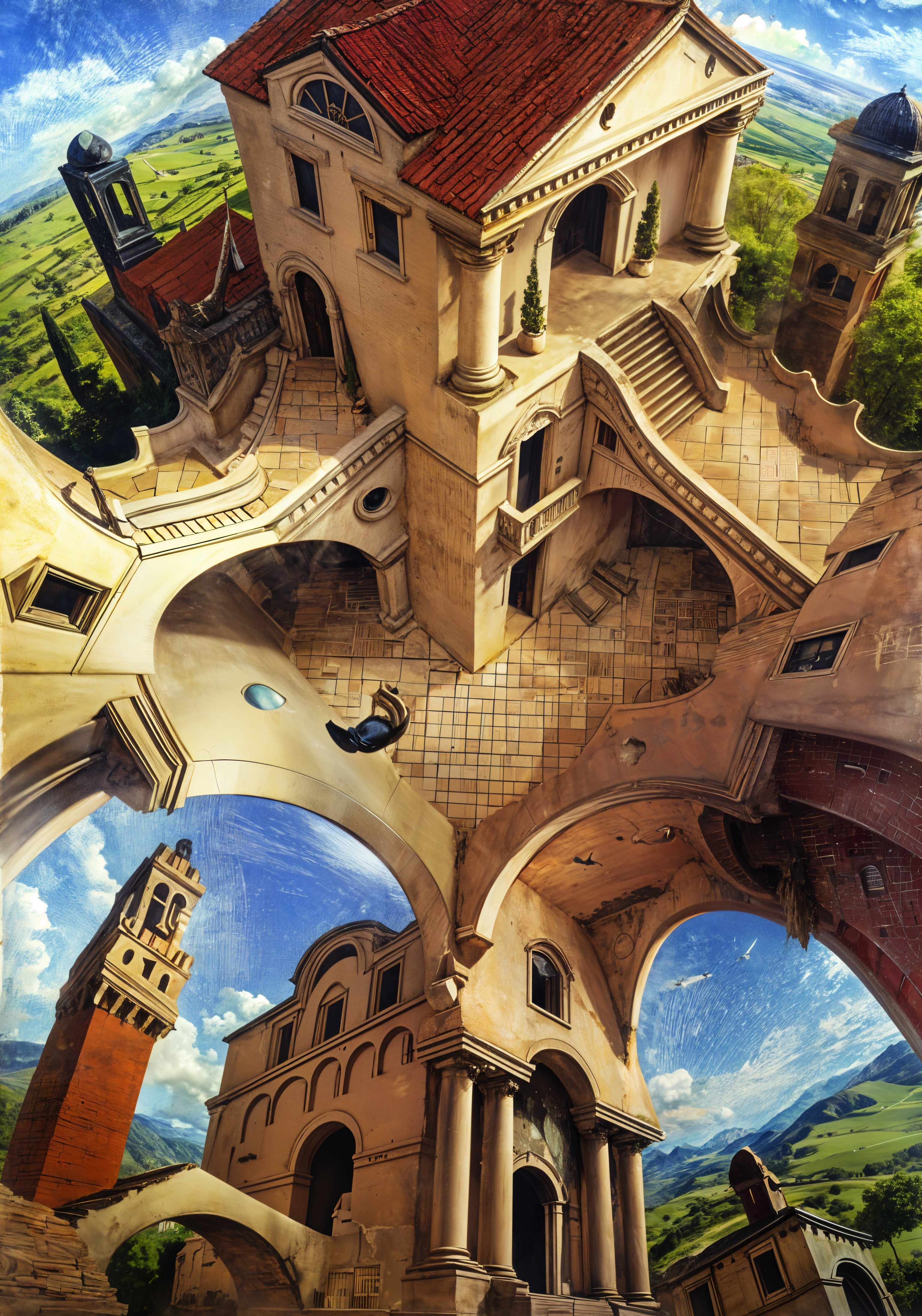 Surreal Landscape with Gravity-Defying Architecture
