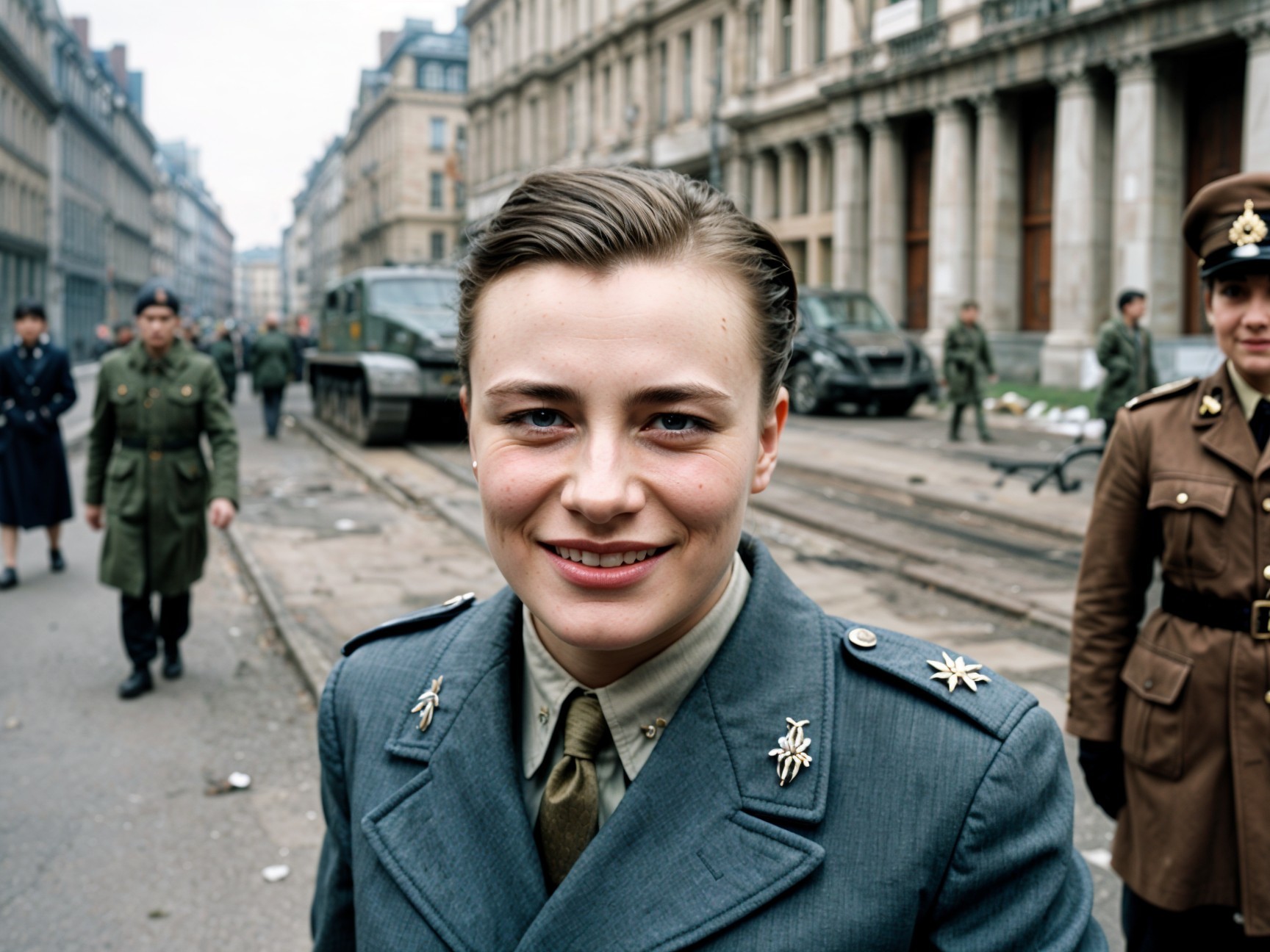 Soldier in Uniform Amidst Historic Urban Conflict Scene