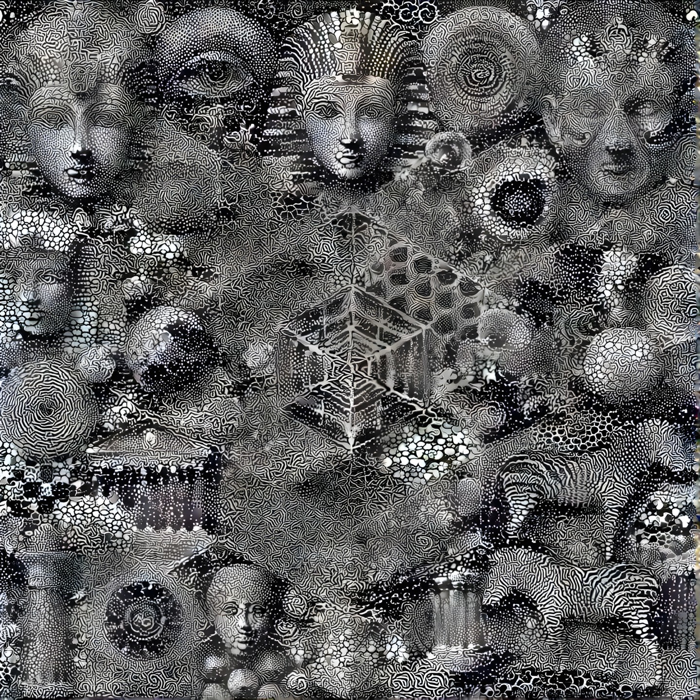 Monochromatic collage with intricate patterns and designs