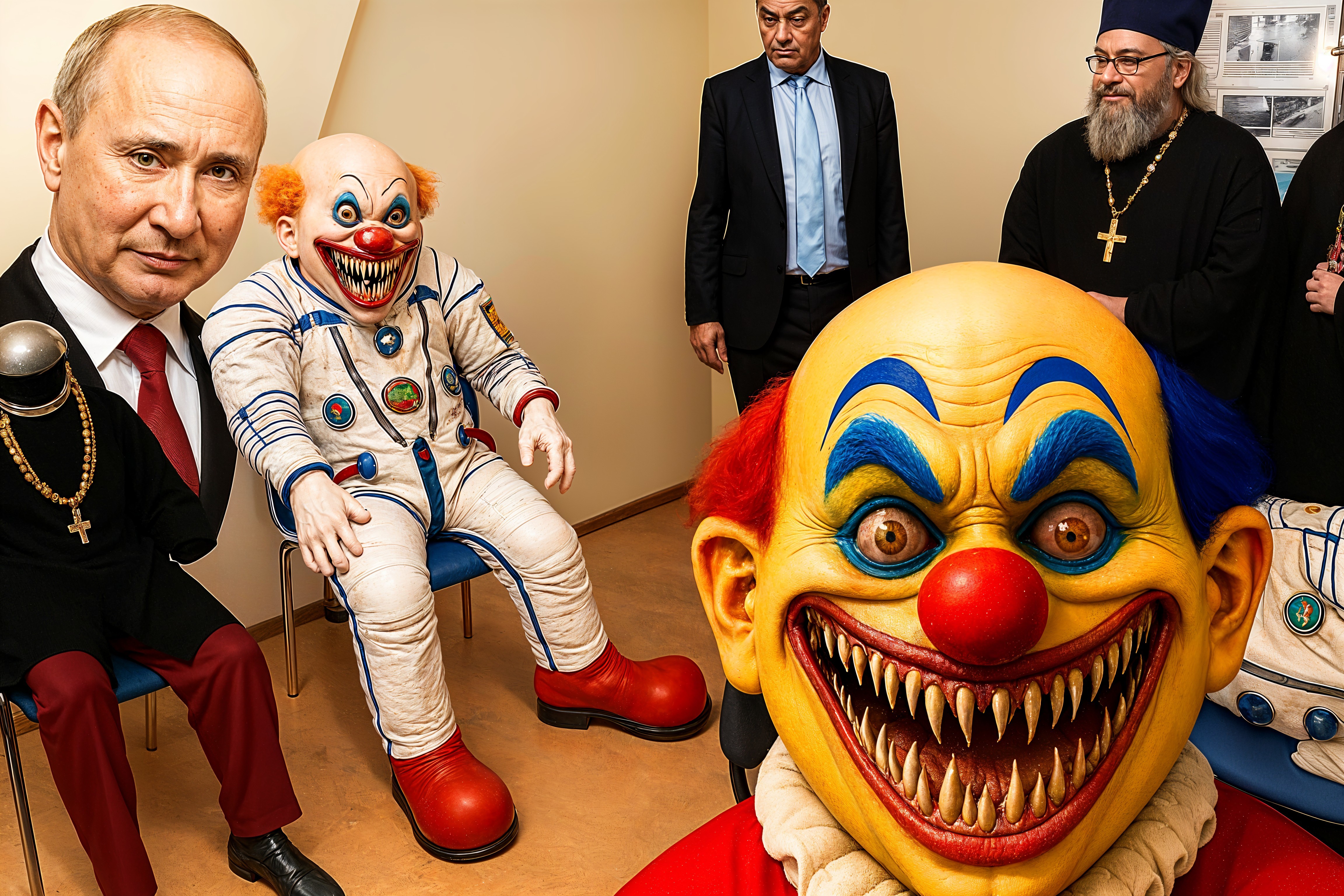 Surreal Room Scene with Clowns and Political Figures