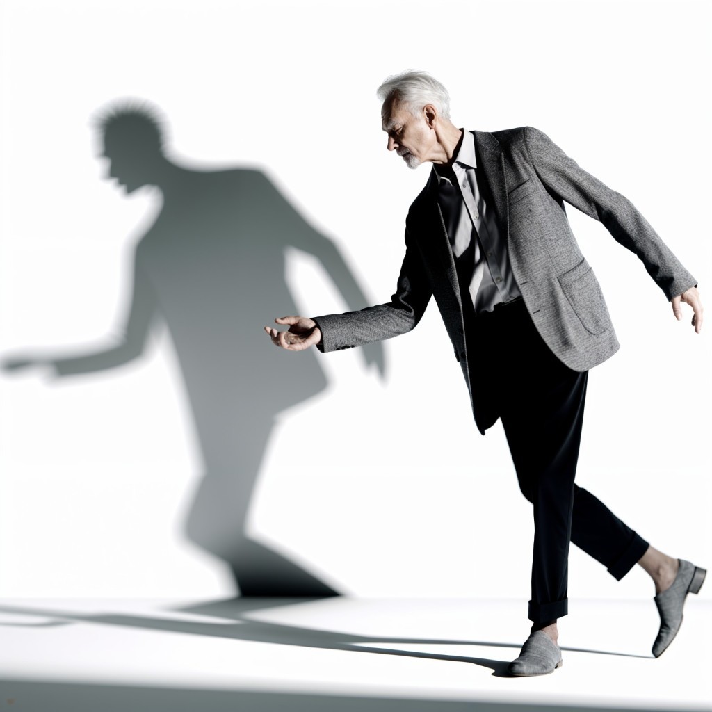Elderly man in gray blazer poses against white background