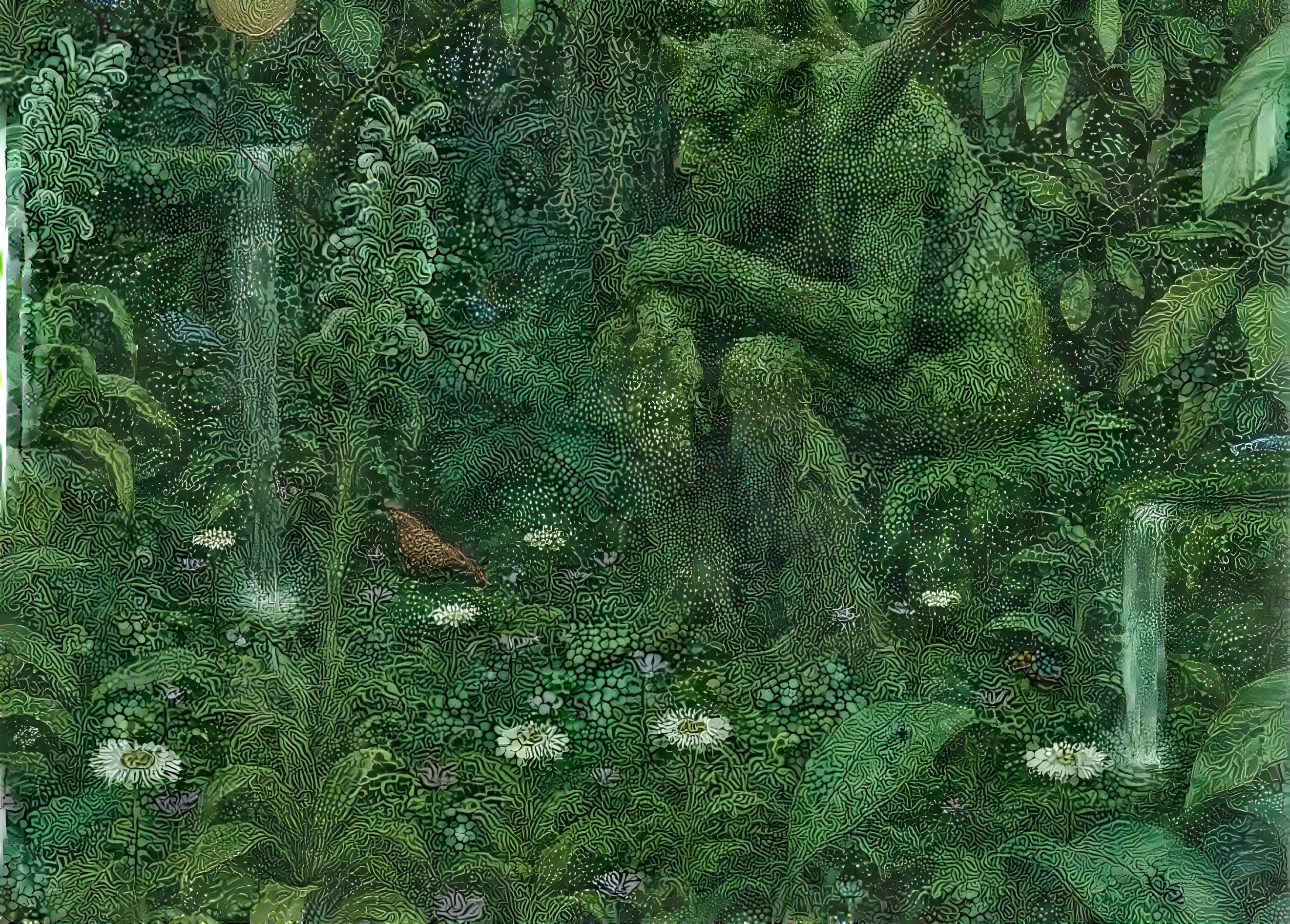 Mythical Green Figure in a Lush Forest Scene