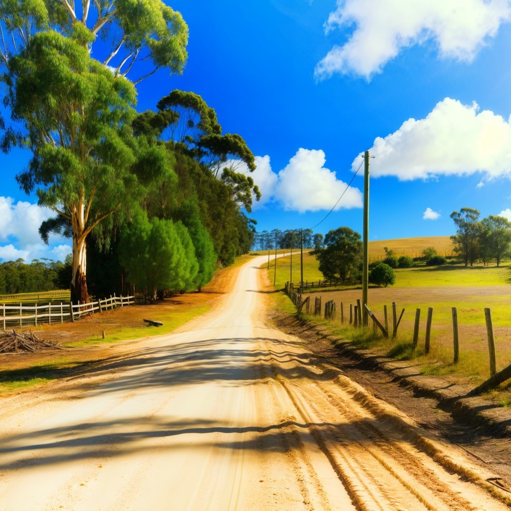 Tranquil Rural Scene with Winding Dirt Road and Eucalyptus