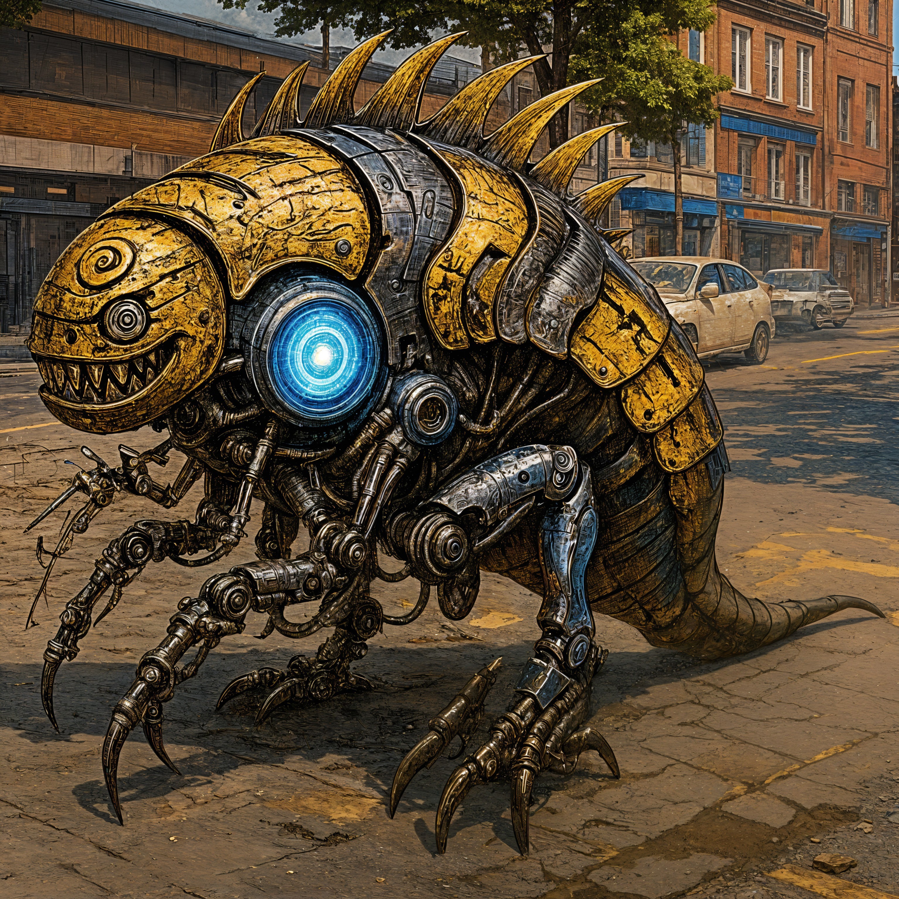 Futuristic Insect-Like Creature in Urban Landscape