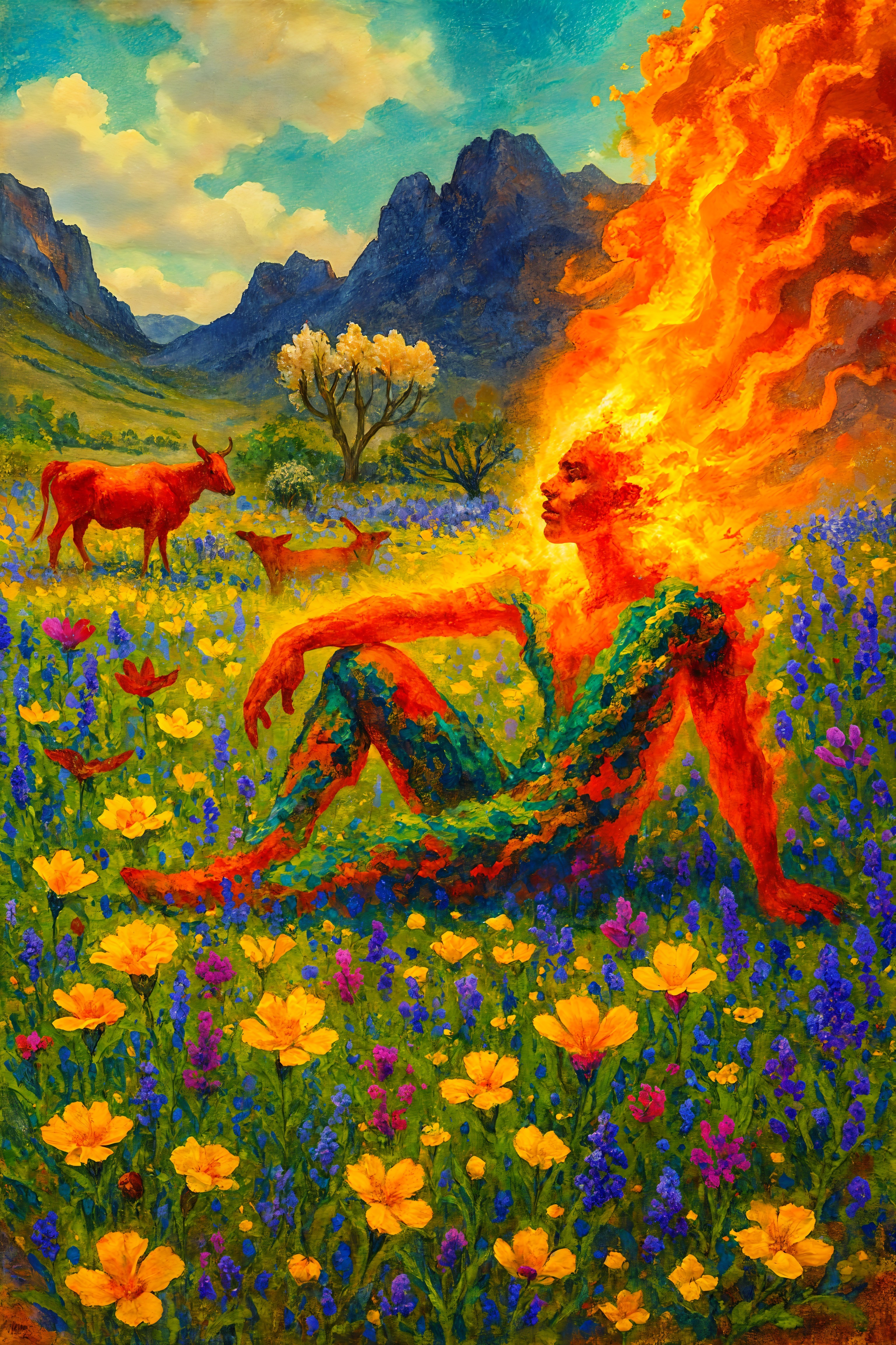 Surreal Landscape with Fiery Figure and Vibrant Flowers