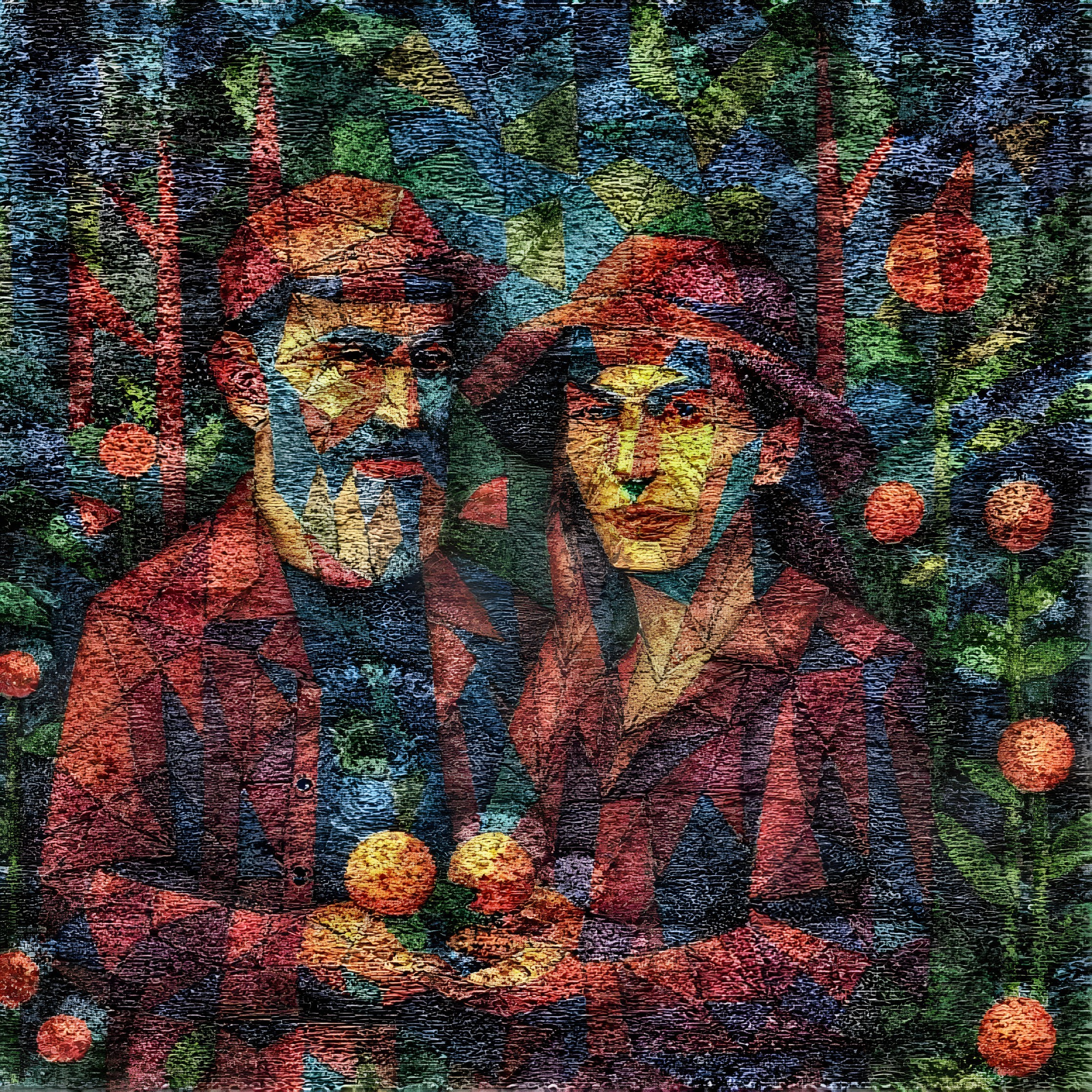 Abstract Artwork of Two Figures with Oranges in Forest