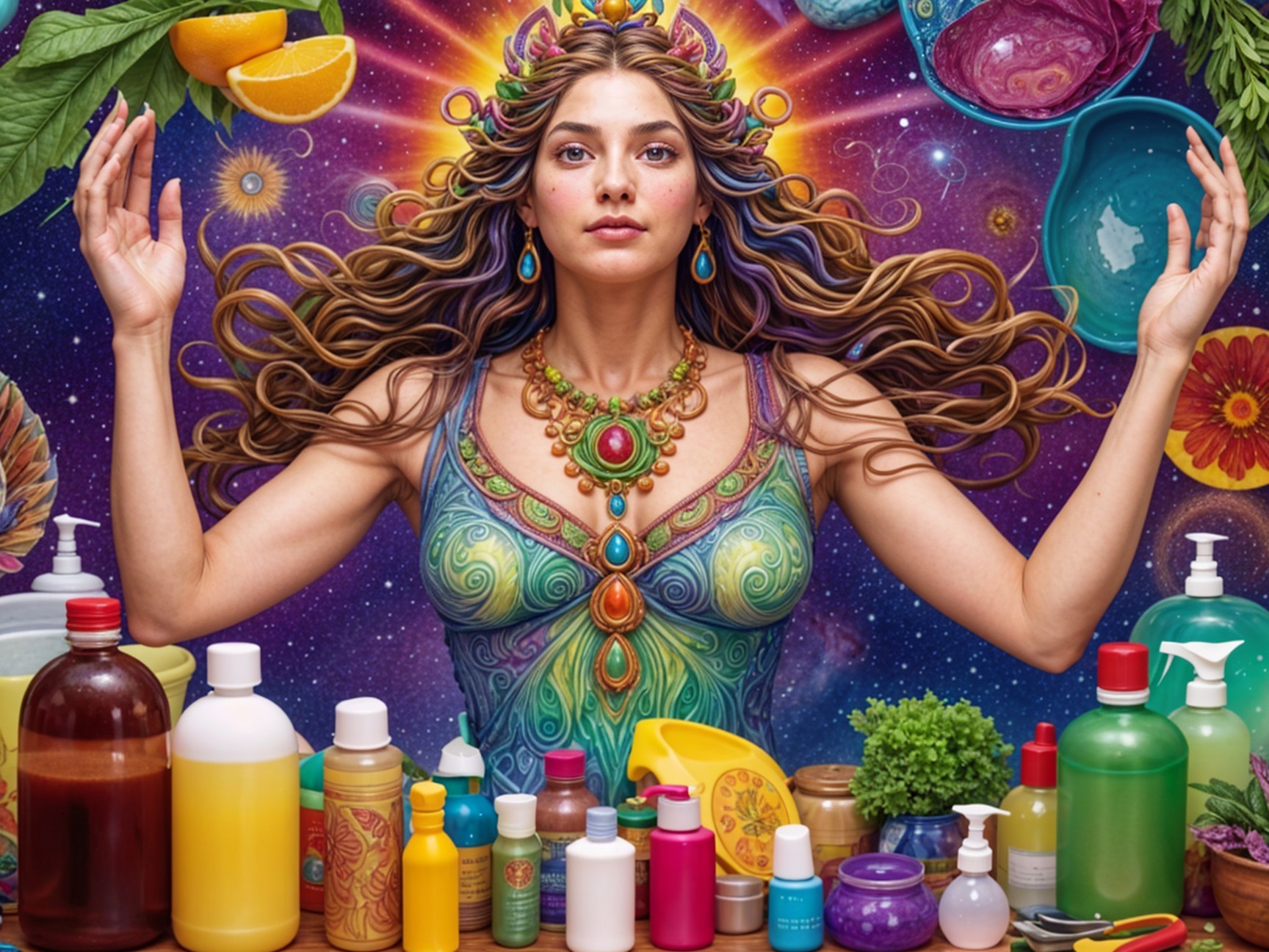 Mystical Woman in Nature-Inspired Cosmic Setting