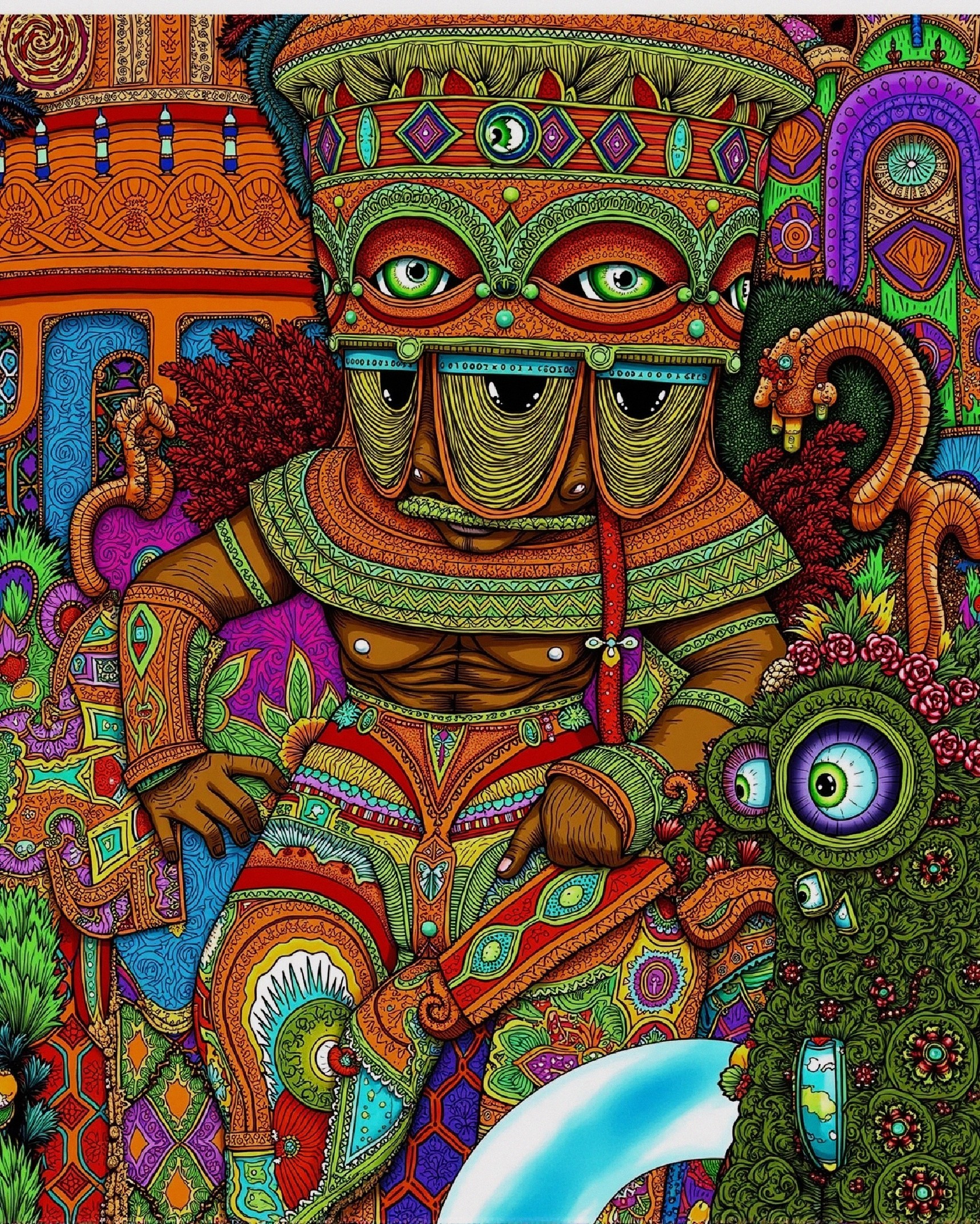 Vibrant Character with Colorful Patterns and Multiple Eyes