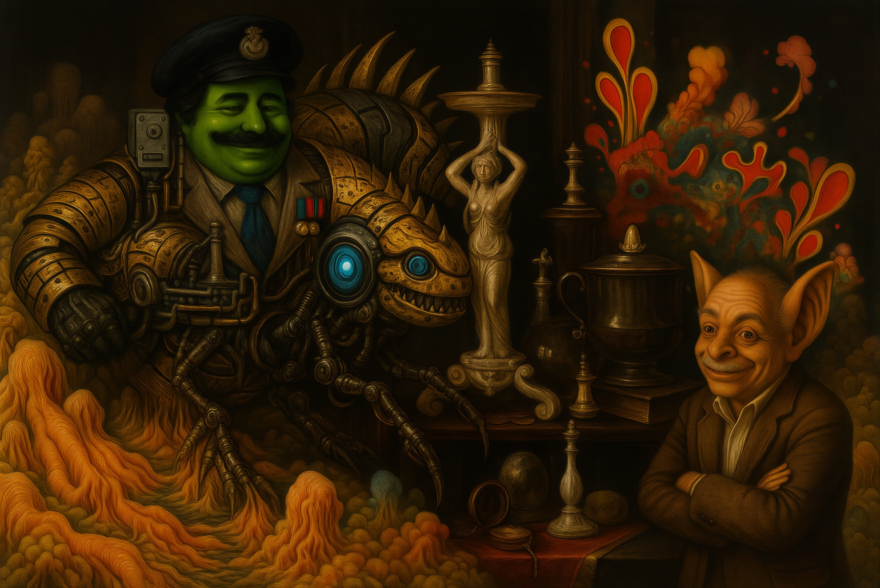 Surreal Scene with Green-Faced Man and Mechanical Creature