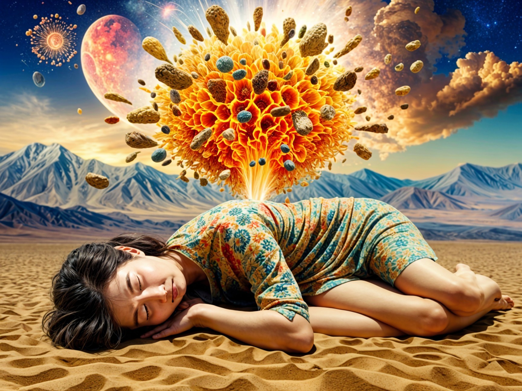 Serene Woman in Desert with Cosmic Background