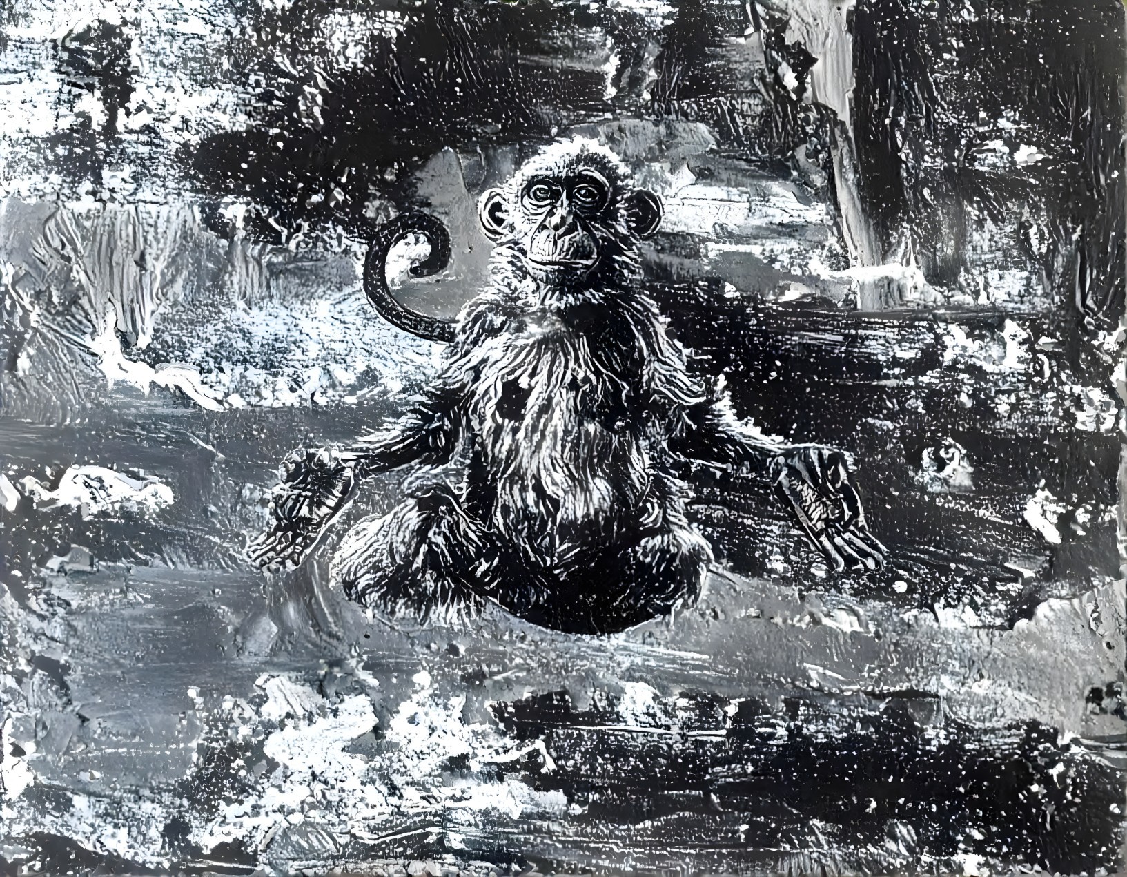 Stylized Monkey in Meditative Pose with Abstract Background