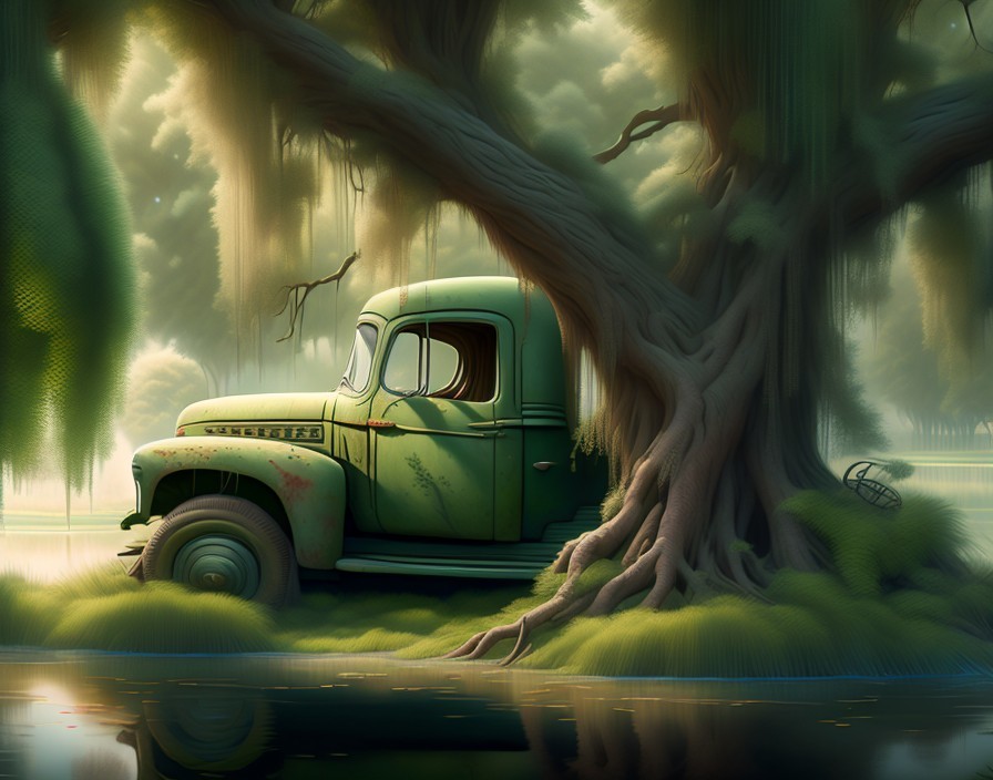 Old Green Truck Surrounded by Nature and Fog
