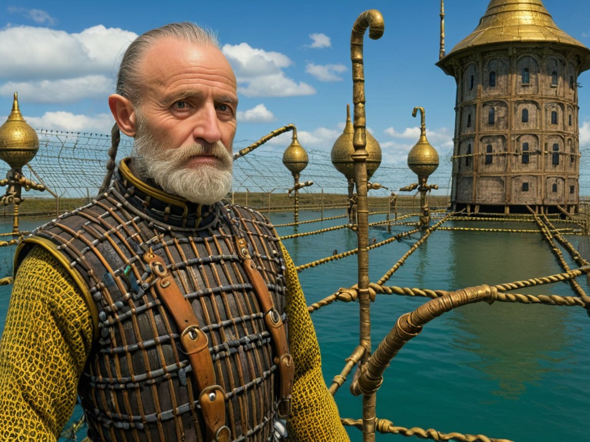 Bearded Man in Medieval Outfit on Bridge Over Water