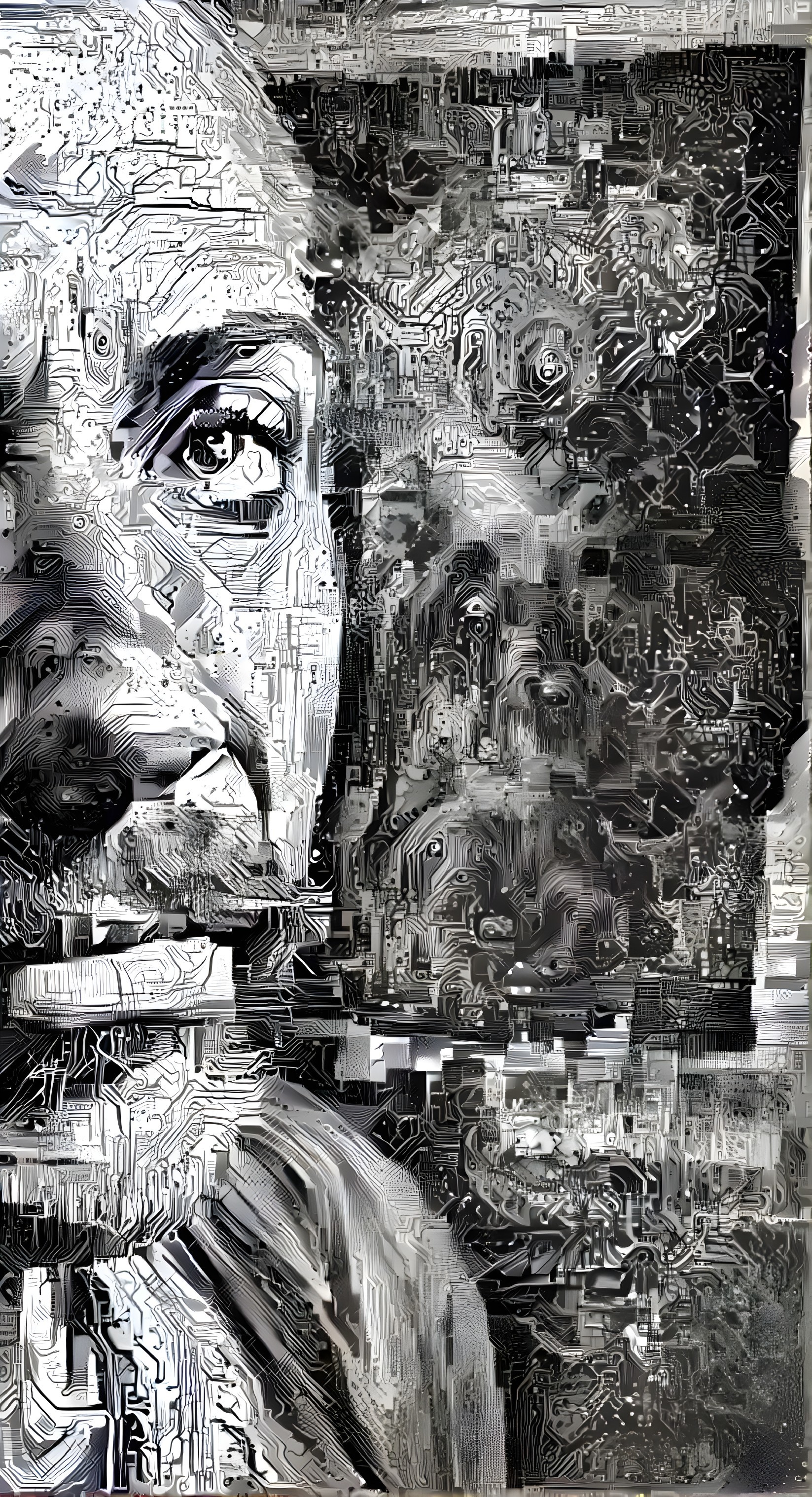 Stylized portrait with circuit board patterns and faces